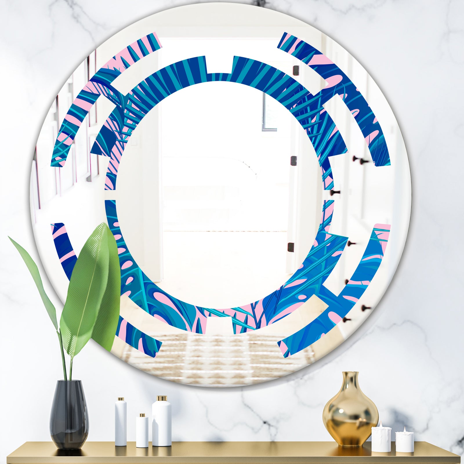 Retro Floral Pattern X - Modern Round or Oval Wall Mirror - Space