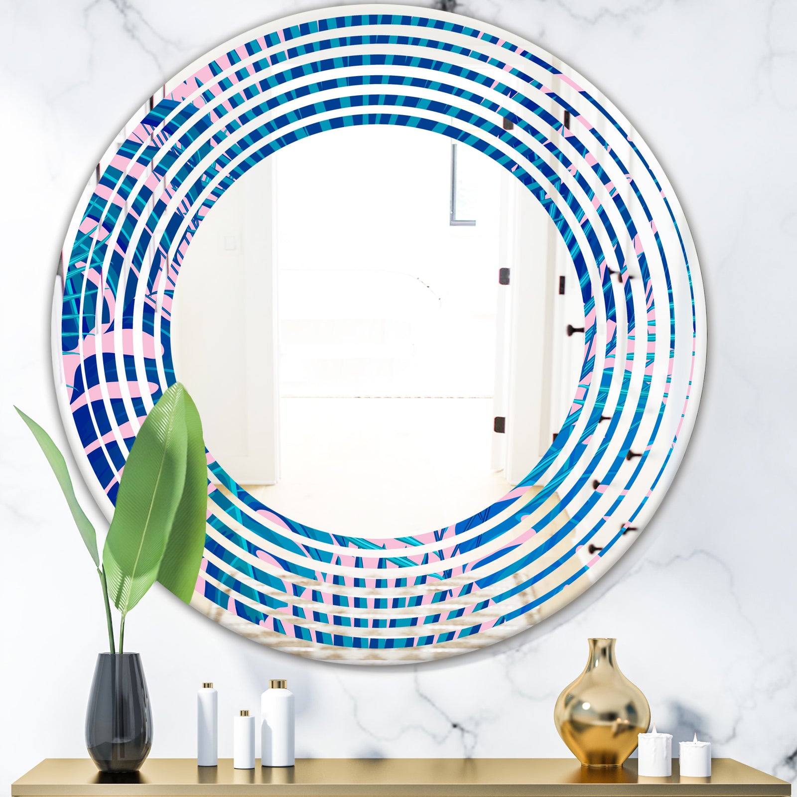 Retro Floral Pattern X - Modern Round or Oval Wall Mirror - Wave