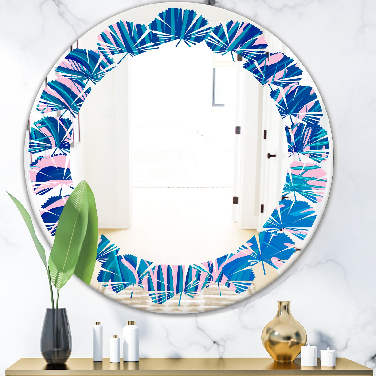 Retro Floral Pattern X - Modern Round or Oval Wall Mirror - Leaves