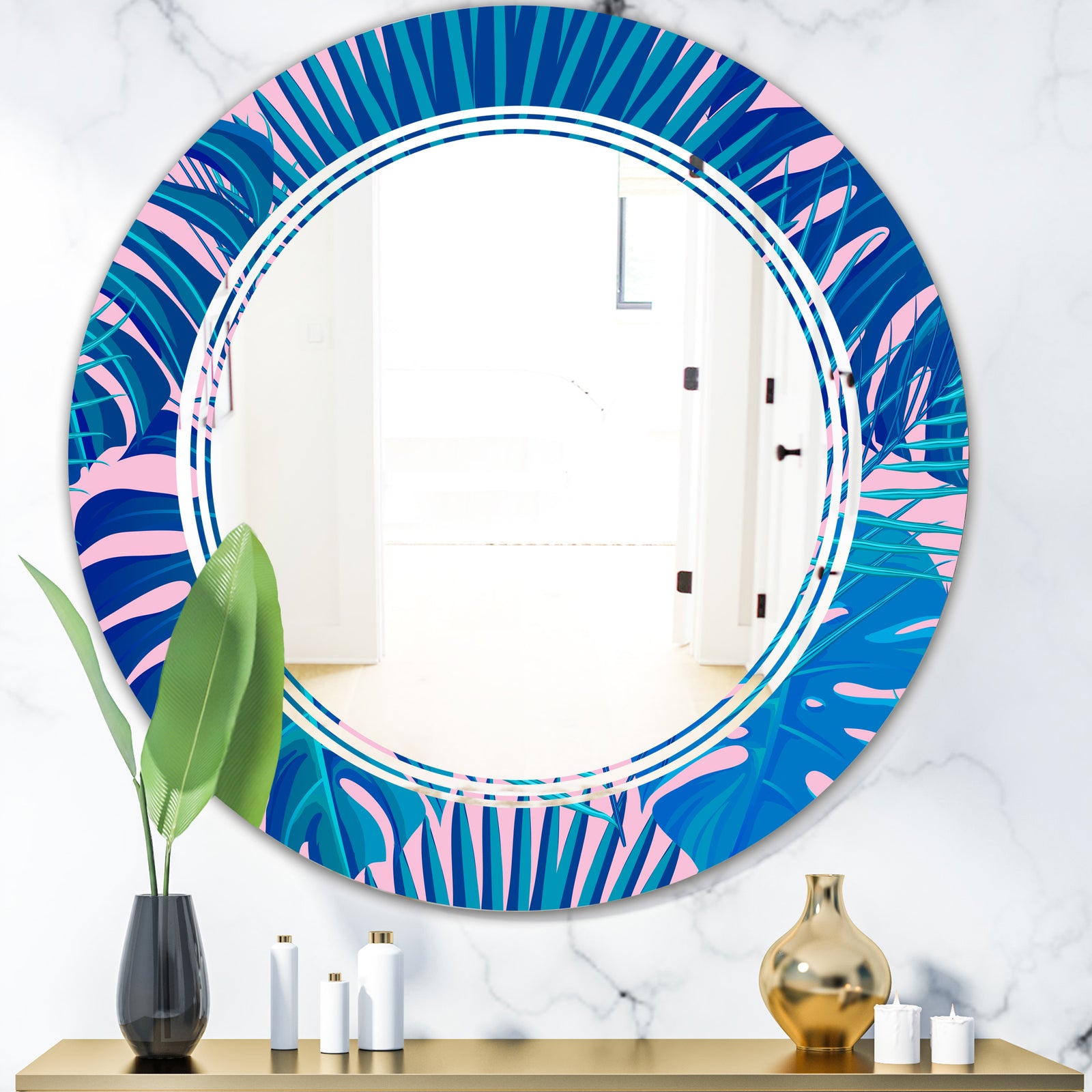 Retro Floral Pattern X - Modern Round or Oval Wall Mirror - Triple C
