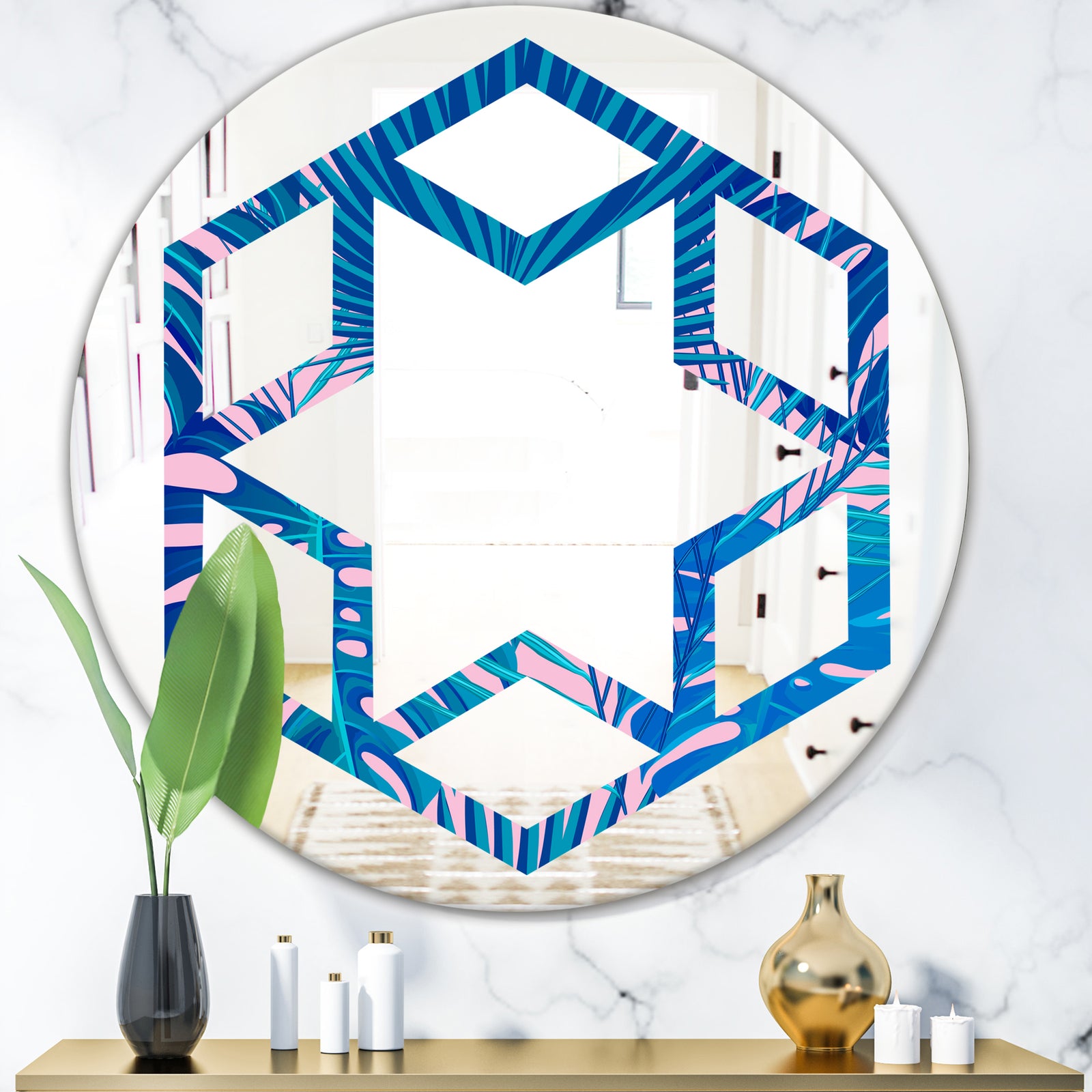 Retro Floral Pattern X - Modern Round or Oval Wall Mirror - Hexagon Star