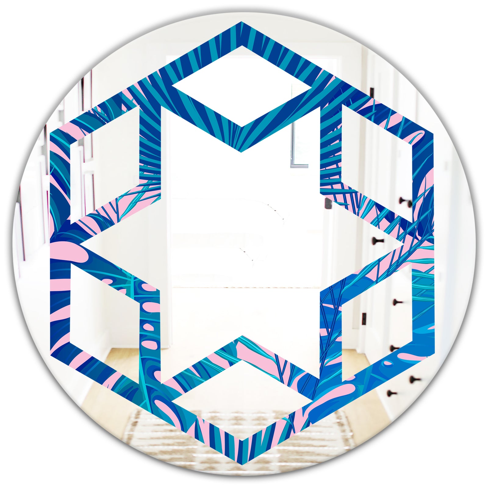 Retro Floral Pattern X - Modern Round or Oval Wall Mirror - Hexagon Star