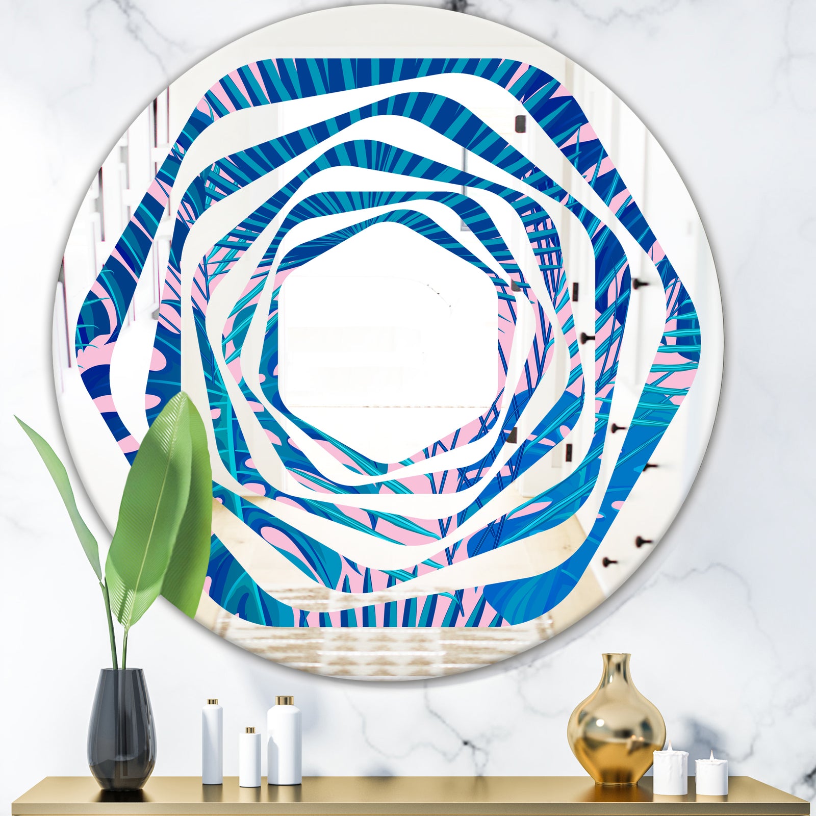 Retro Floral Pattern X - Modern Round or Oval Wall Mirror - Whirl
