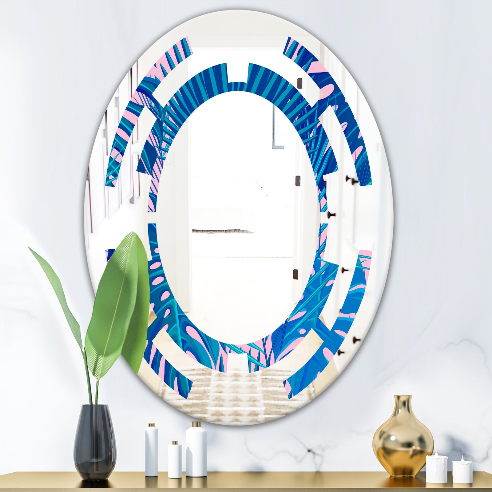 Retro Floral Pattern X - Modern Round or Oval Wall Mirror - Space