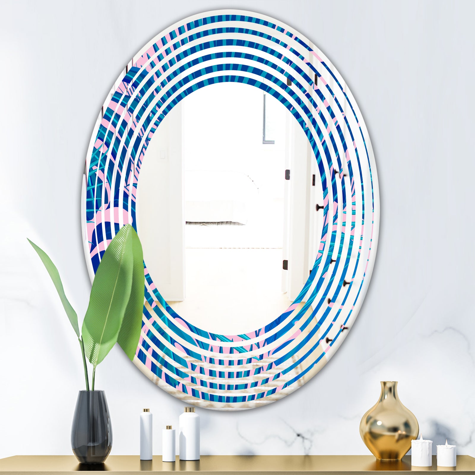 Retro Floral Pattern X - Modern Round or Oval Wall Mirror - Wave