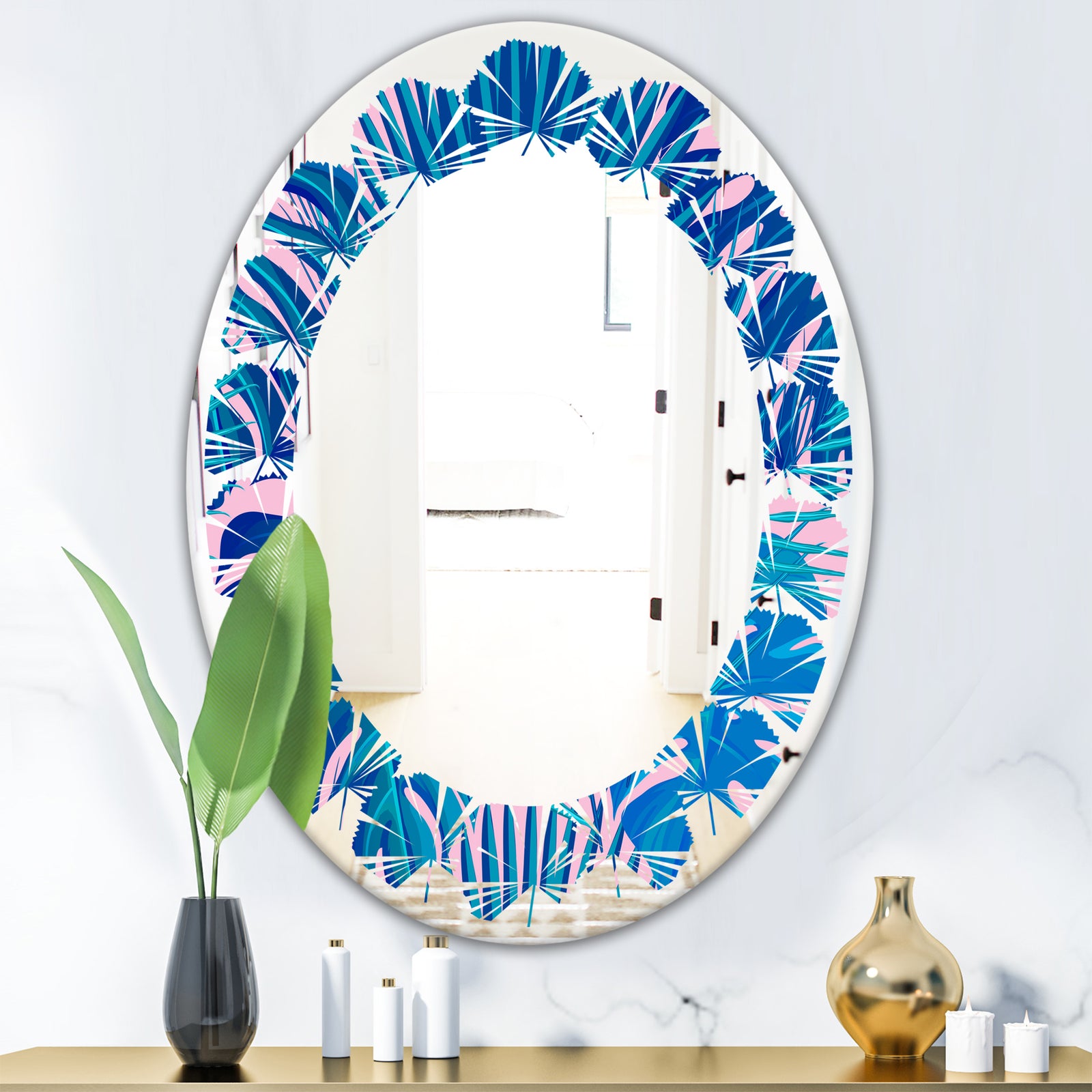 Retro Floral Pattern X - Modern Round or Oval Wall Mirror - Leaves