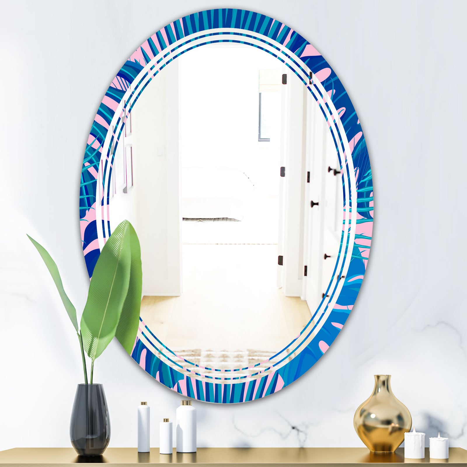 Retro Floral Pattern X - Modern Round or Oval Wall Mirror - Triple C