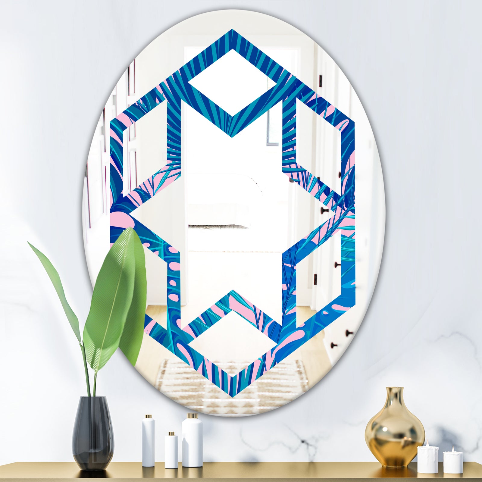 Retro Floral Pattern X - Modern Round or Oval Wall Mirror - Hexagon Star
