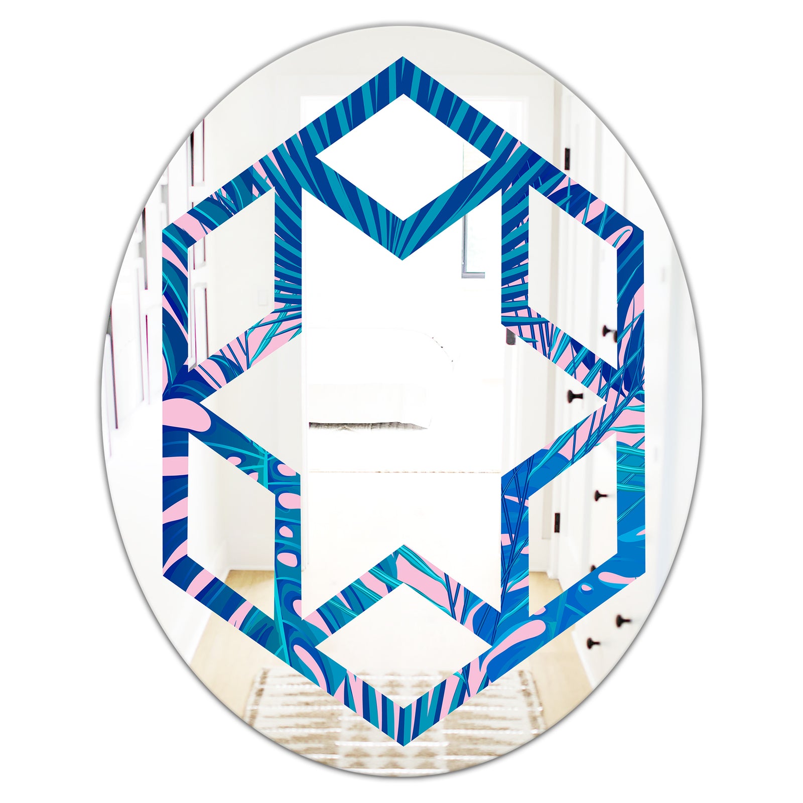 Retro Floral Pattern X - Modern Round or Oval Wall Mirror - Hexagon Star