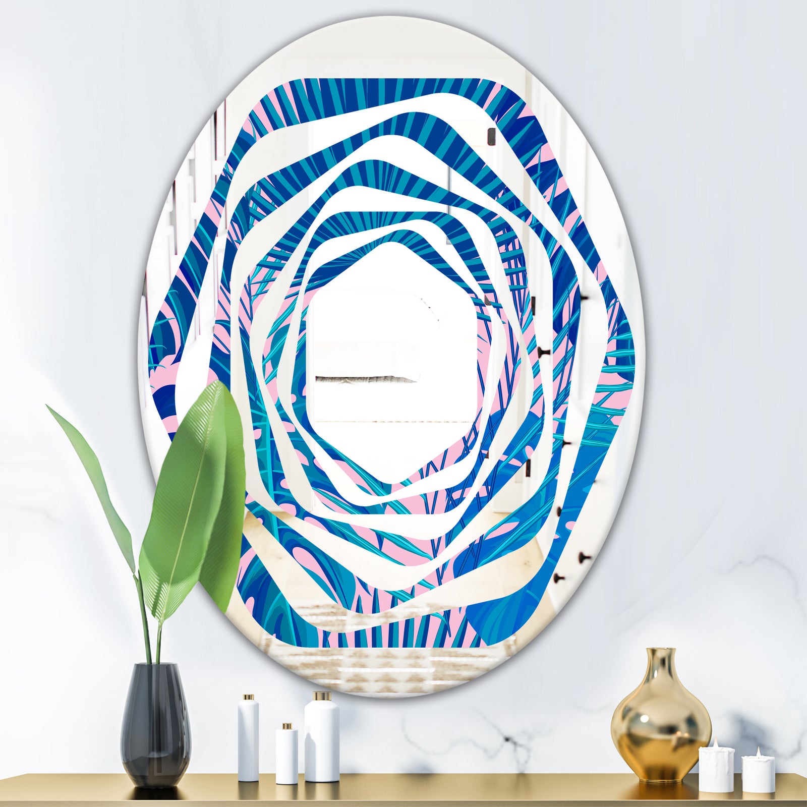 Retro Floral Pattern X - Modern Round or Oval Wall Mirror - Whirl