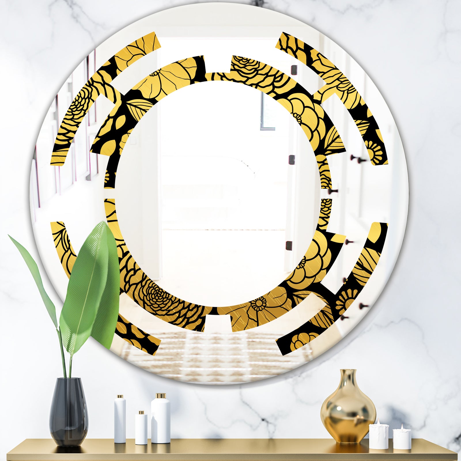 Golden Floral II - Modern Round or Oval Wall Mirror - Space