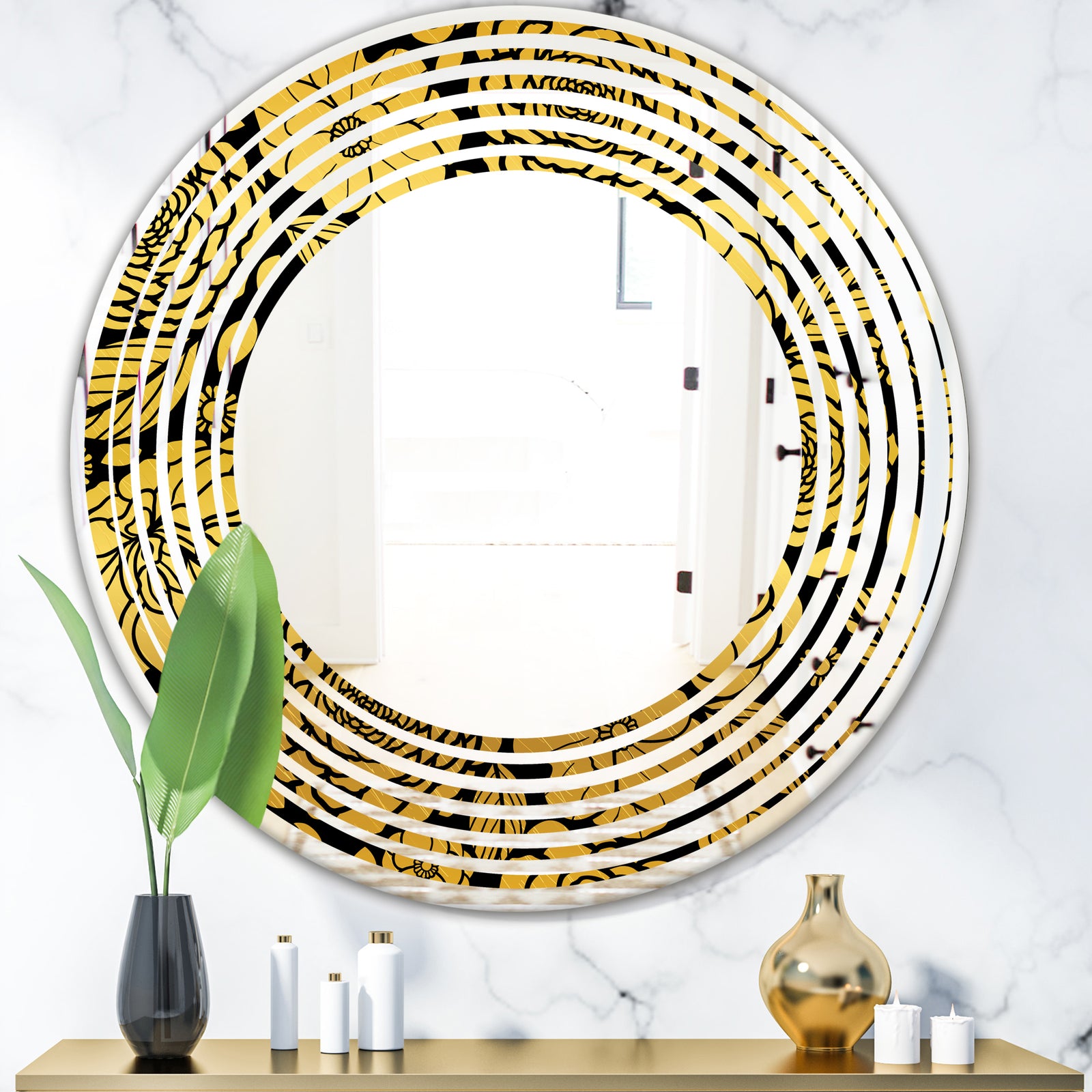 Golden Floral II - Modern Round or Oval Wall Mirror - Wave