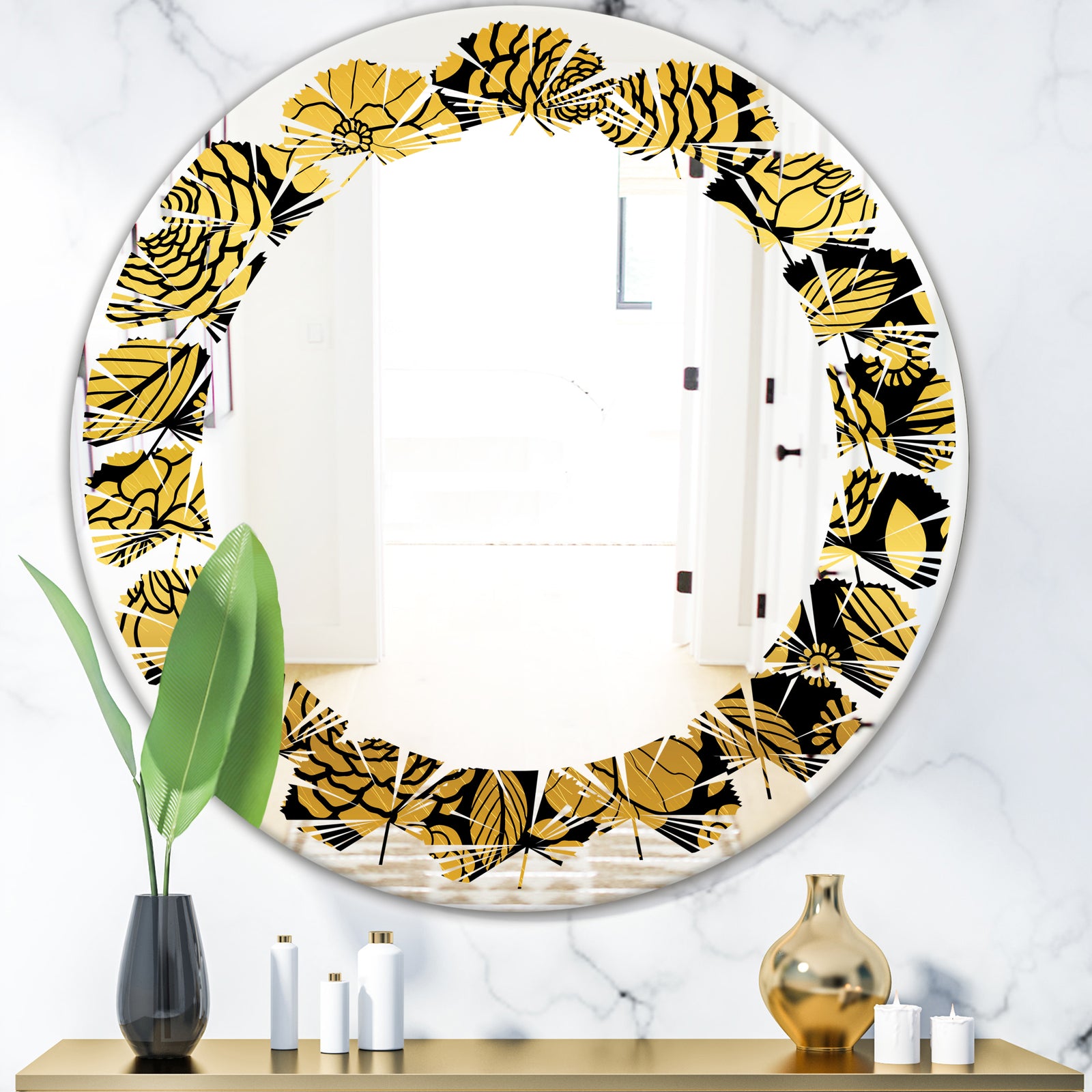 Golden Floral II - Modern Round or Oval Wall Mirror - Leaves