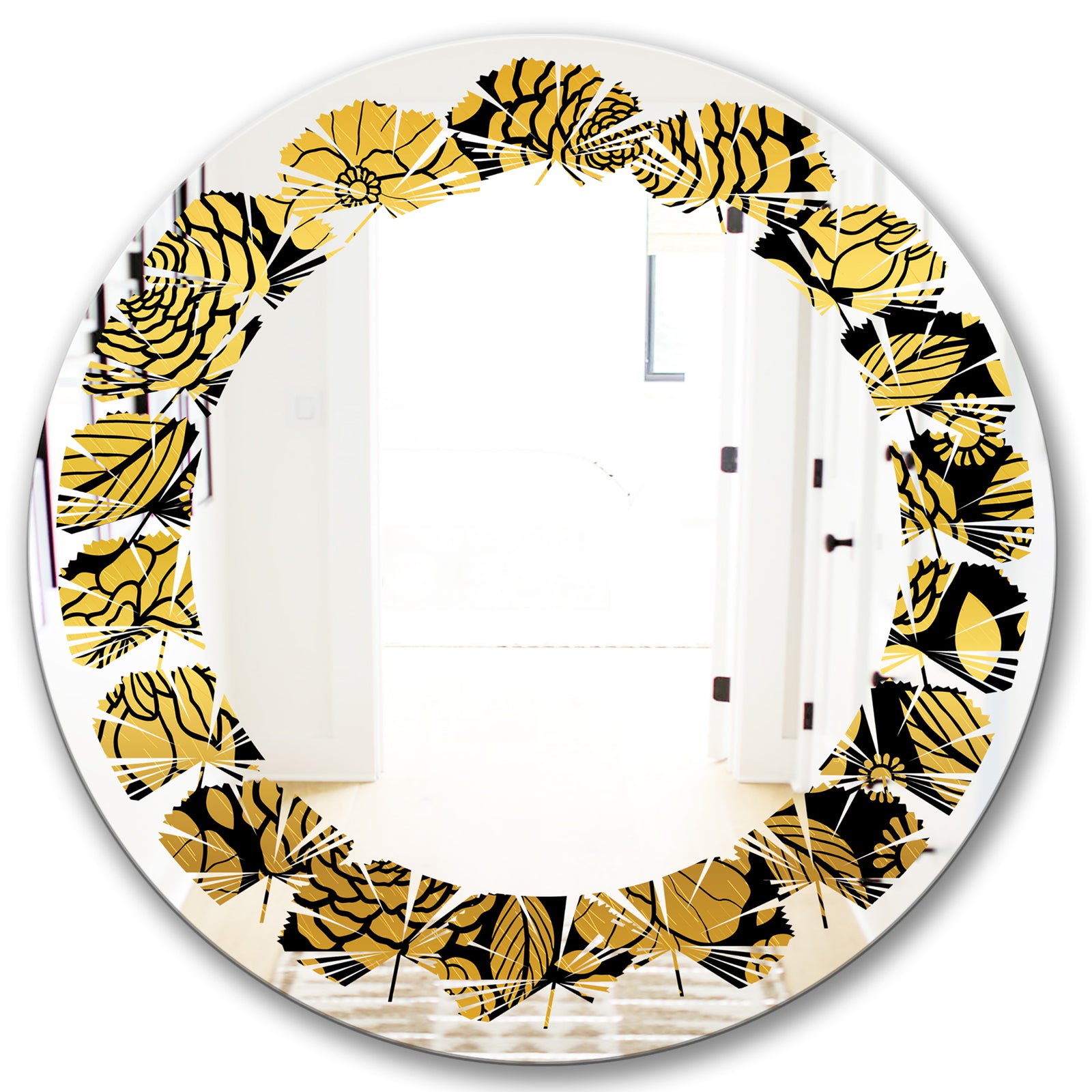 Golden Floral II - Modern Round or Oval Wall Mirror - Leaves