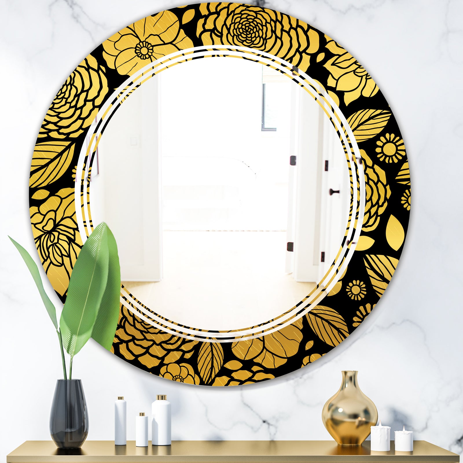 Golden Floral II - Modern Round or Oval Wall Mirror - Triple C