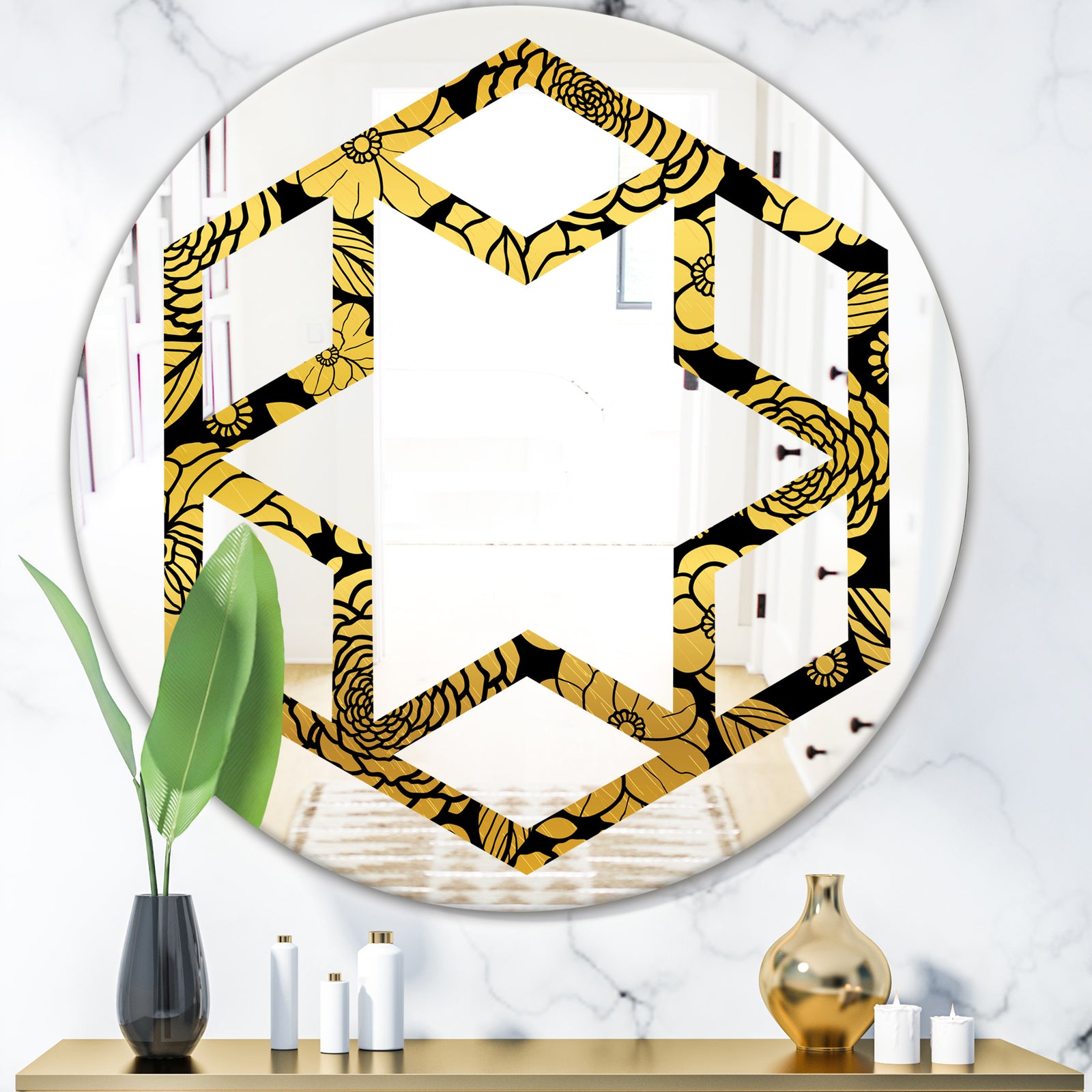 Golden Floral II - Modern Round or Oval Wall Mirror - Hexagon Star