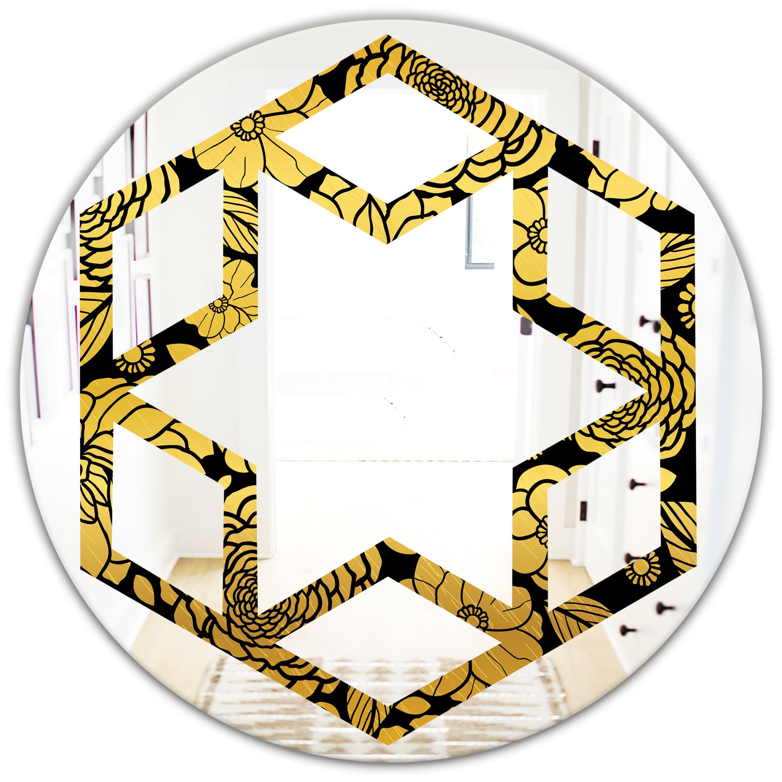 Golden Floral II - Modern Round or Oval Wall Mirror - Hexagon Star