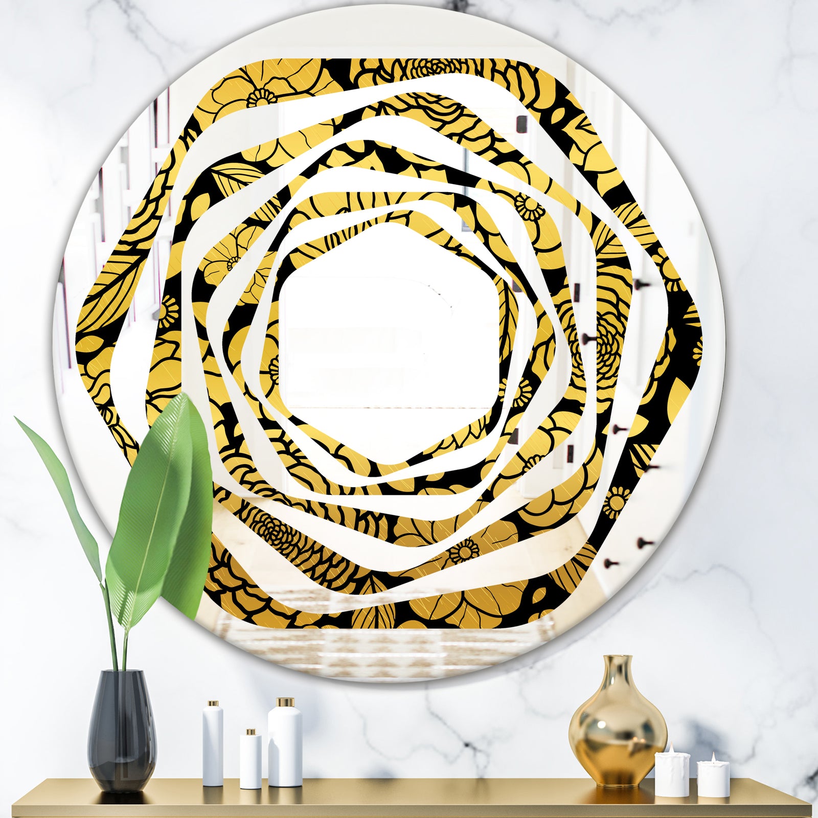Golden Floral II - Modern Round or Oval Wall Mirror - Whirl