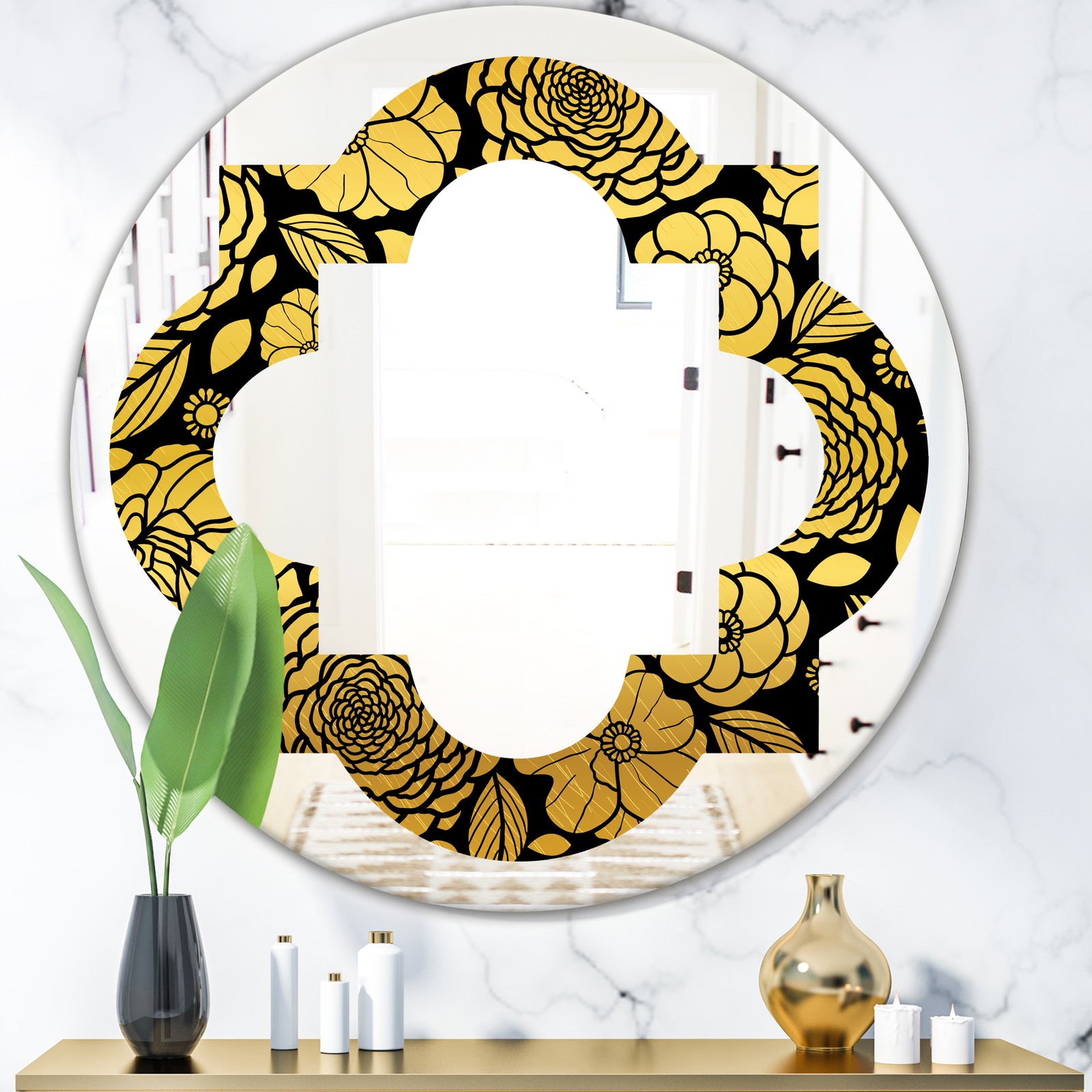 Golden Floral II - Modern Round or Oval Wall Mirror - Quatrefoil