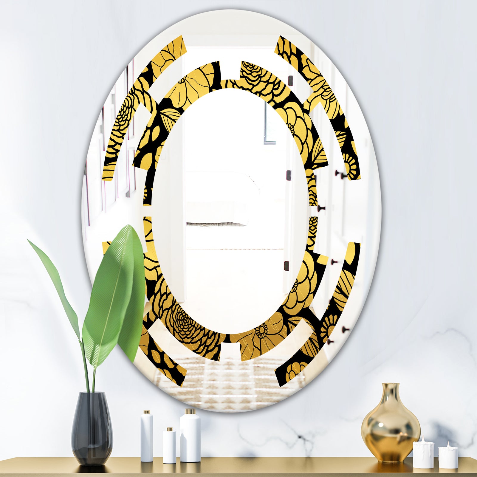 Golden Floral II - Modern Round or Oval Wall Mirror - Space