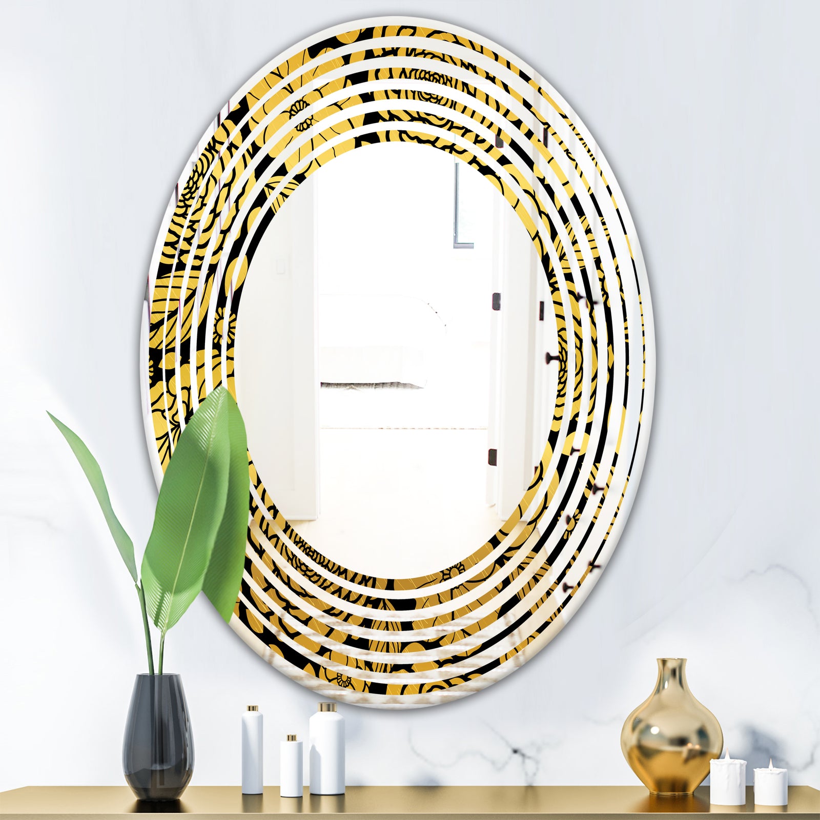 Golden Floral II - Modern Round or Oval Wall Mirror - Wave
