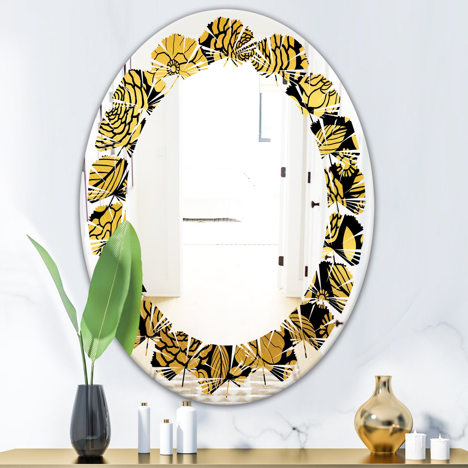 Golden Floral II - Modern Round or Oval Wall Mirror - Leaves