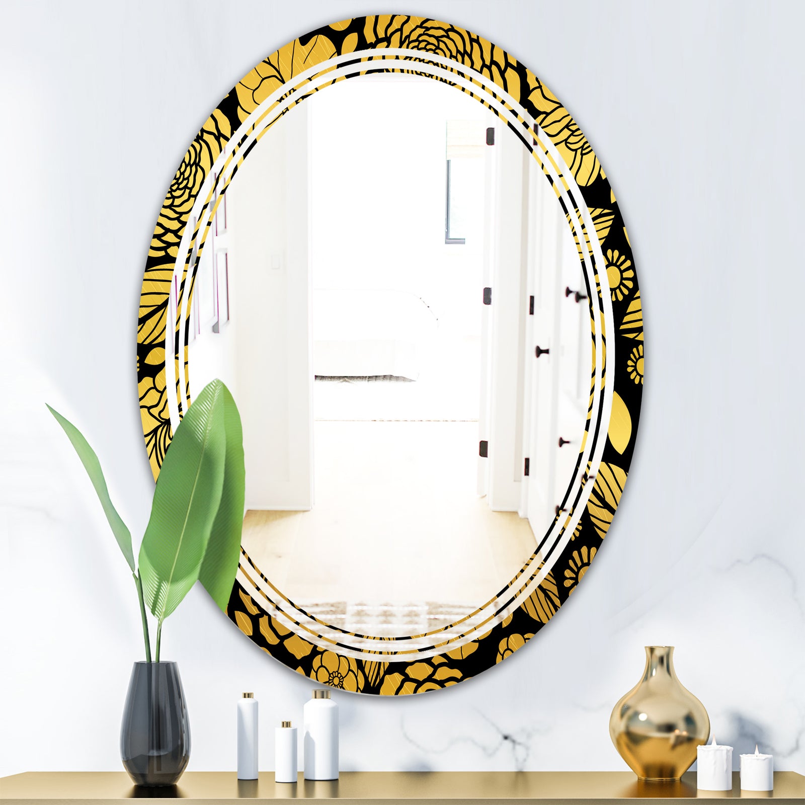 Golden Floral II - Modern Round or Oval Wall Mirror - Triple C