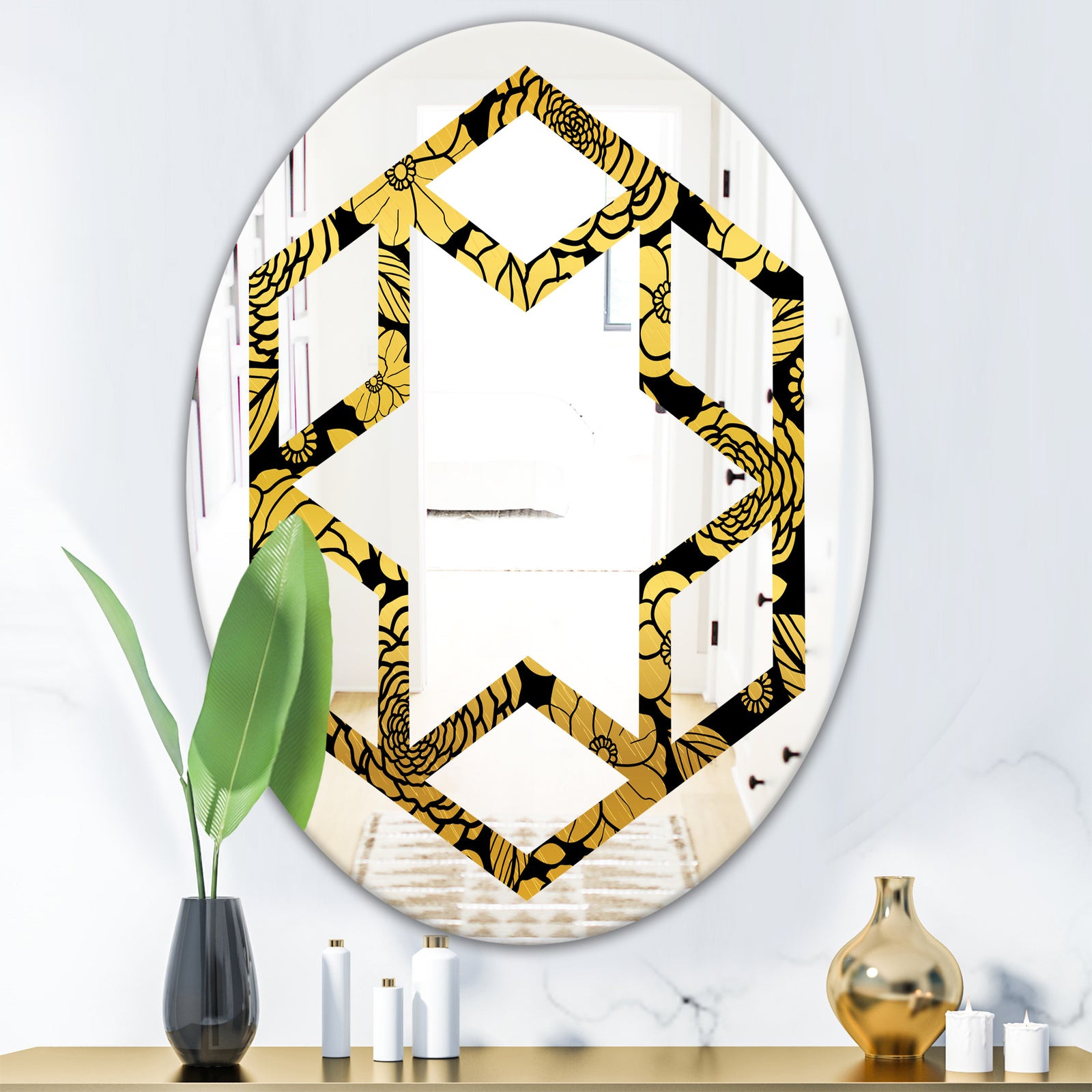 Golden Floral II - Modern Round or Oval Wall Mirror - Hexagon Star