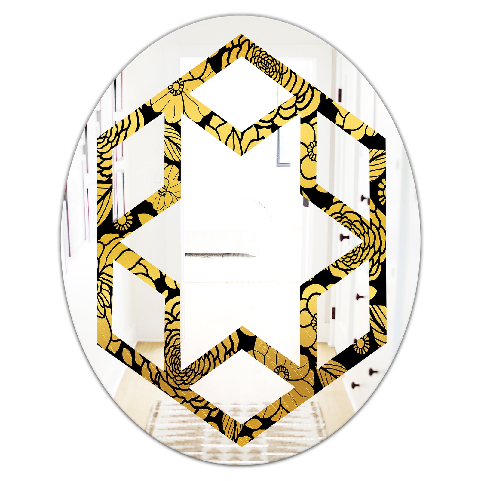 Golden Floral II - Modern Round or Oval Wall Mirror - Hexagon Star