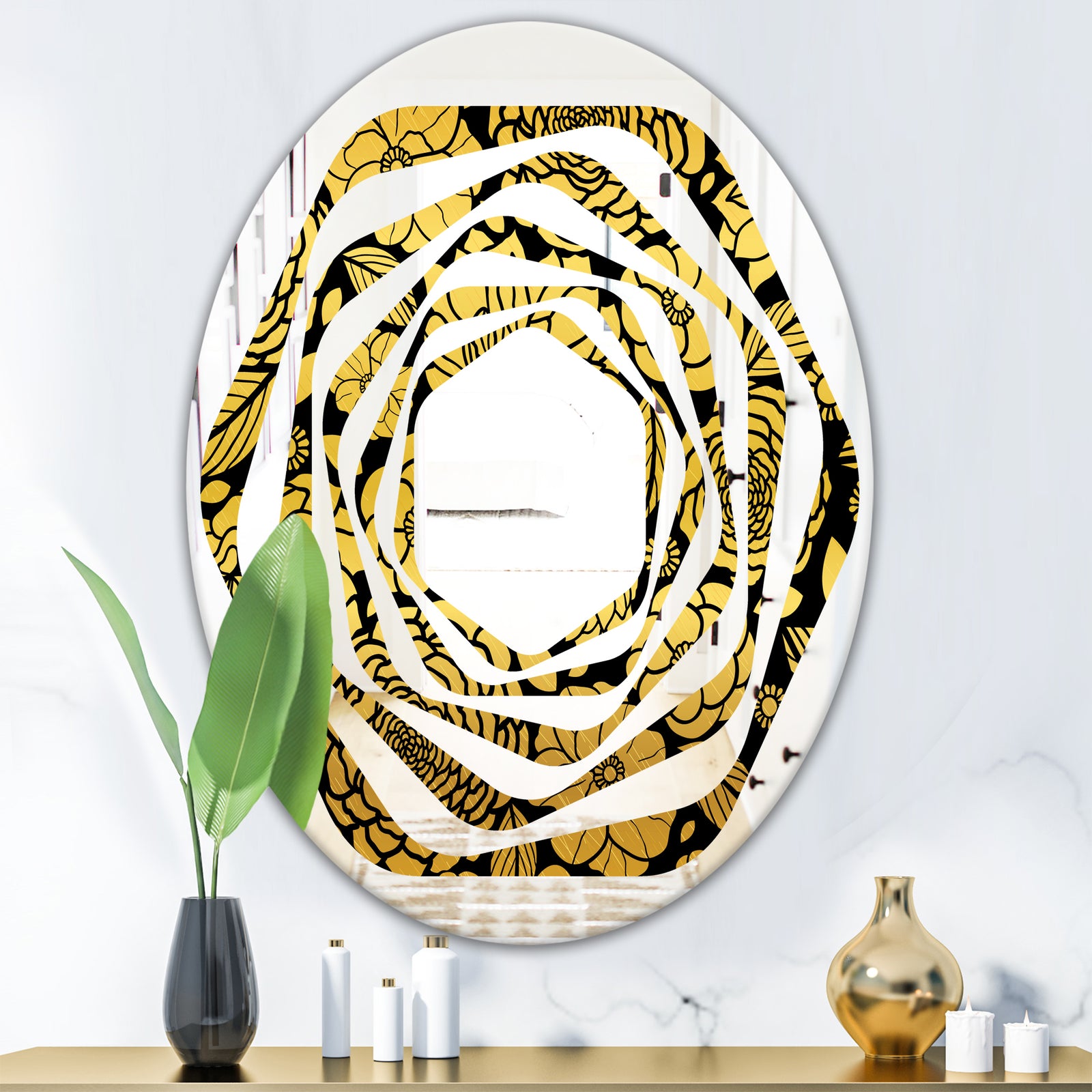 Golden Floral II - Modern Round or Oval Wall Mirror - Whirl
