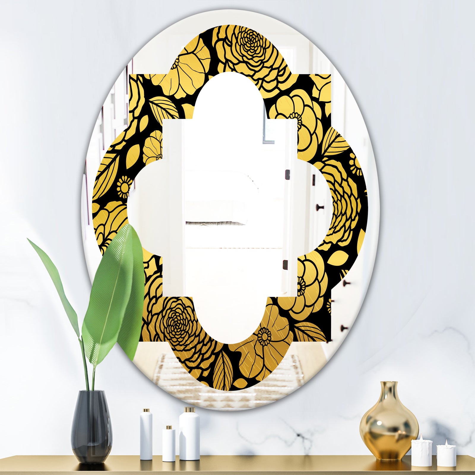 Golden Floral II - Modern Round or Oval Wall Mirror - Quatrefoil