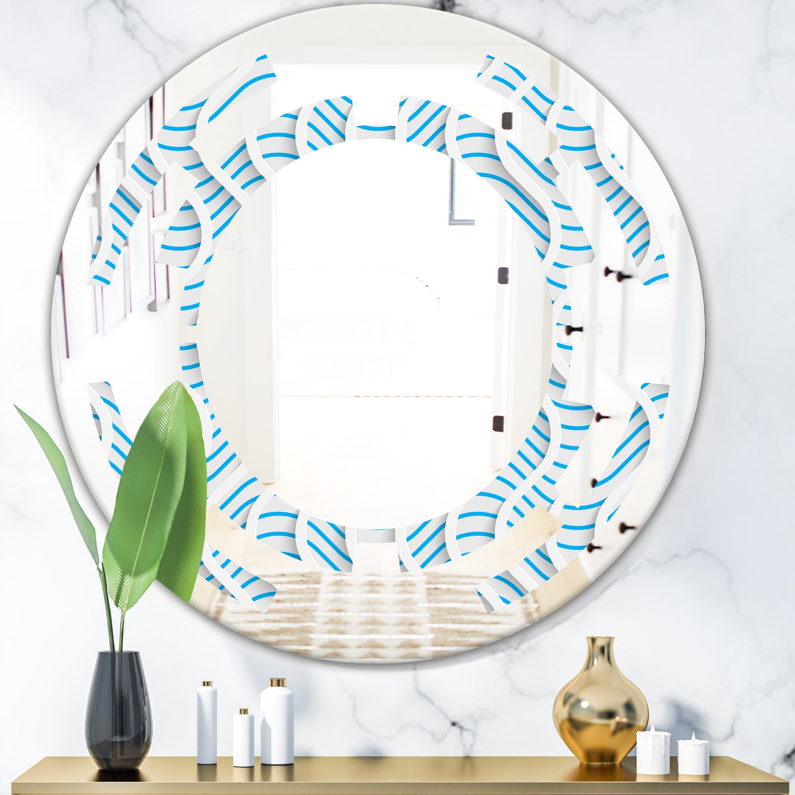 3D White and Light Blue Pattern II - Modern Round or Oval Wall Mirror - Space