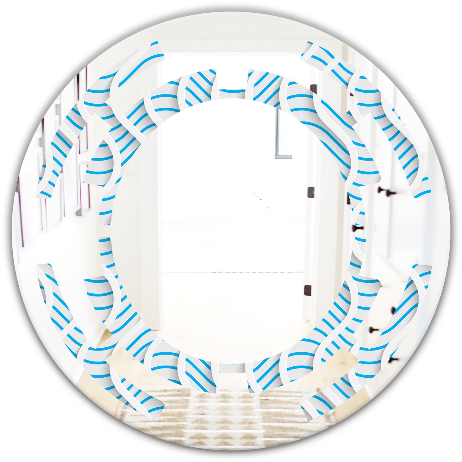 3D White and Light Blue Pattern II - Modern Round or Oval Wall Mirror - Space