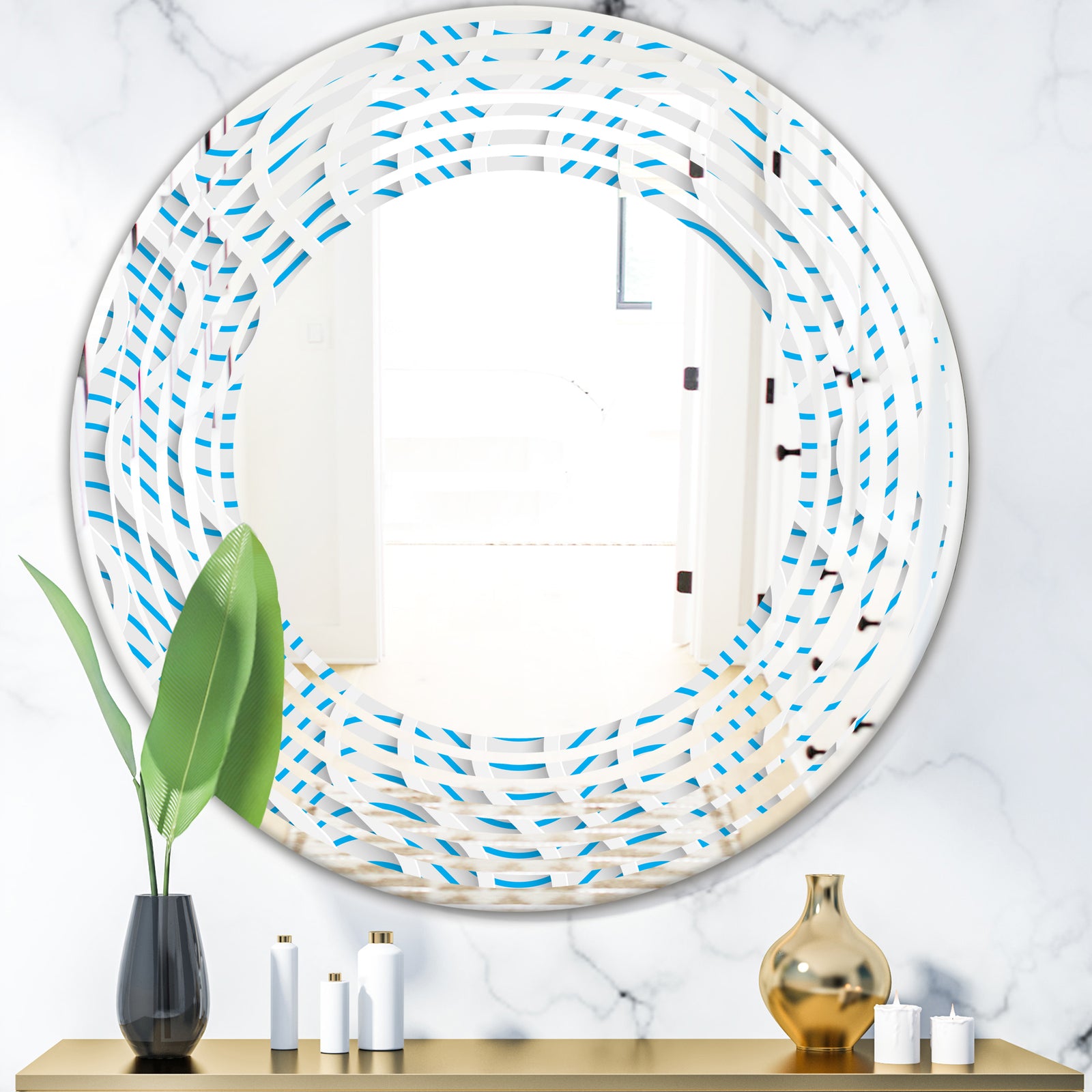 3D White and Light Blue Pattern II - Modern Round or Oval Wall Mirror - Wave