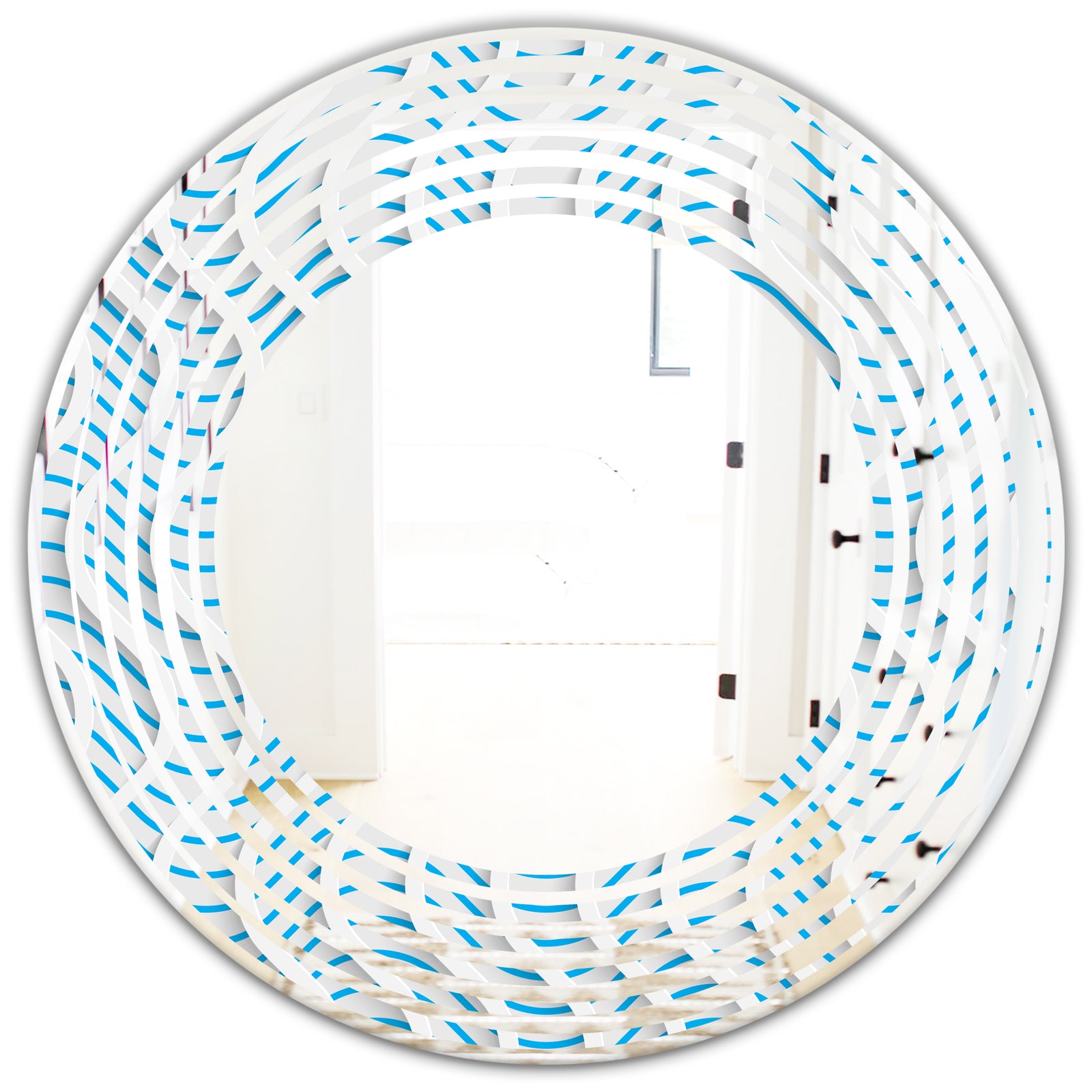 3D White and Light Blue Pattern II - Modern Round or Oval Wall Mirror - Wave