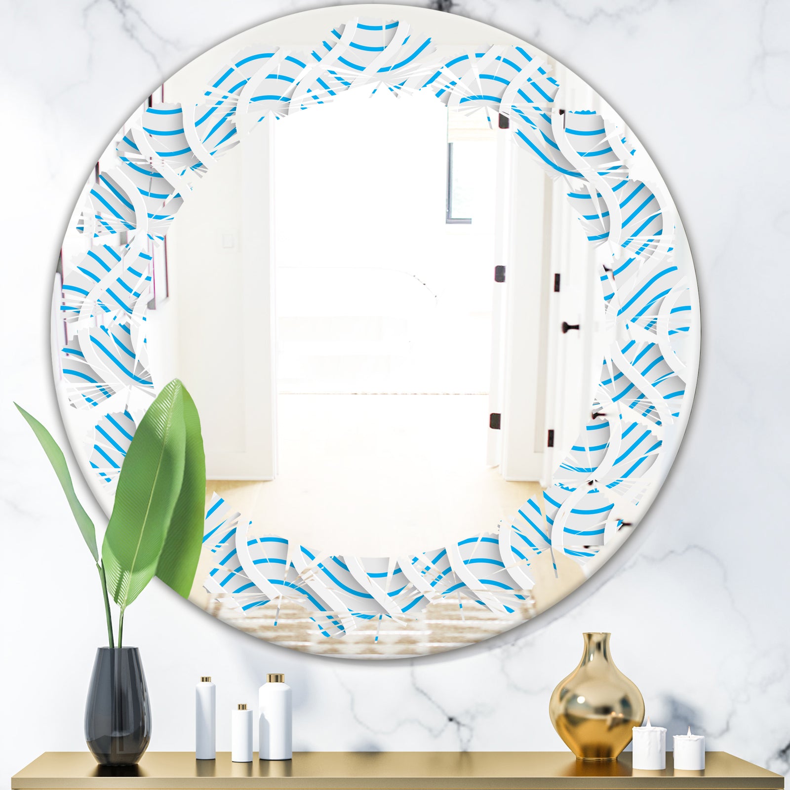 3D White and Light Blue Pattern II - Modern Round or Oval Wall Mirror - Leaves