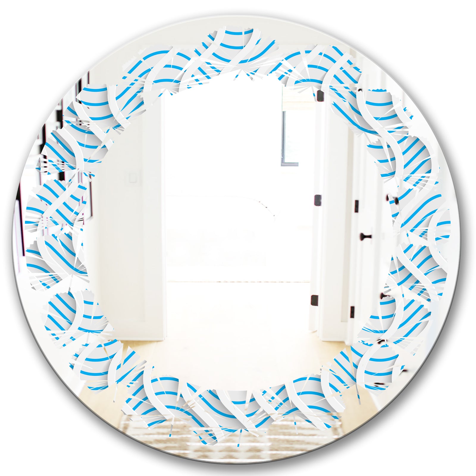 3D White and Light Blue Pattern II - Modern Round or Oval Wall Mirror - Leaves