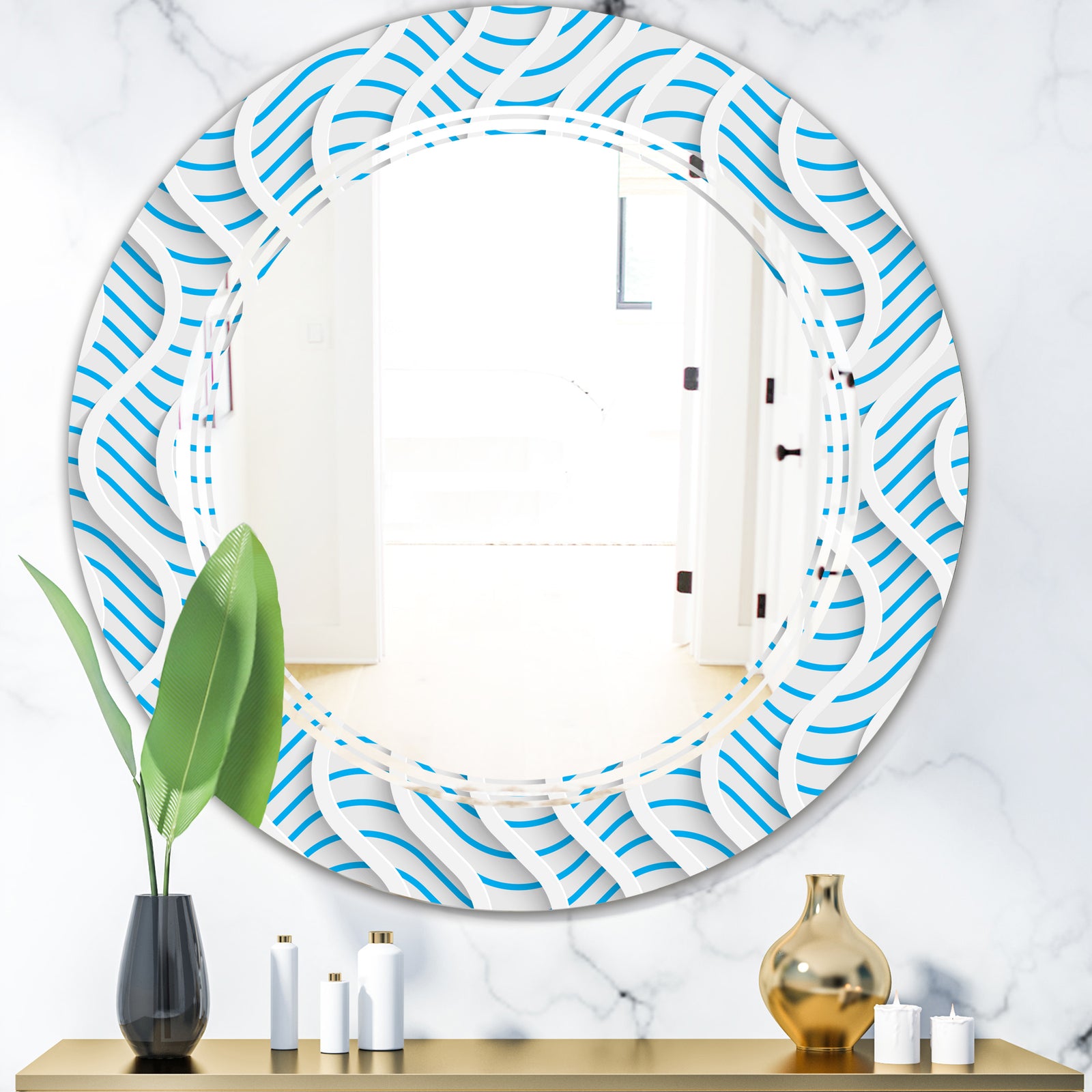 3D White and Light Blue Pattern II - Modern Round or Oval Wall Mirror - Triple C