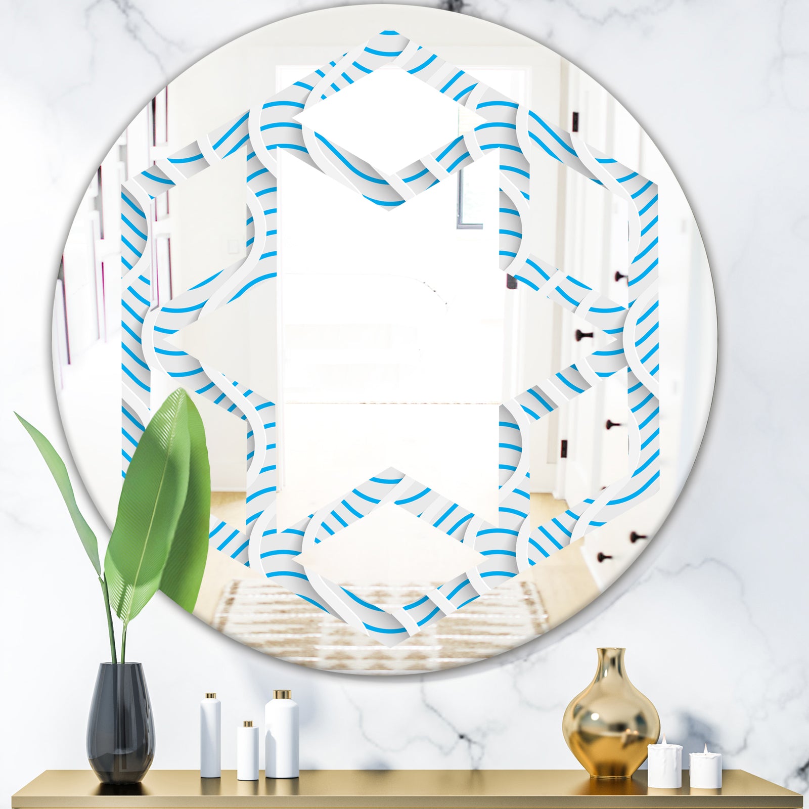 3D White and Light Blue Pattern II - Modern Round or Oval Wall Mirror - Hexagon Star