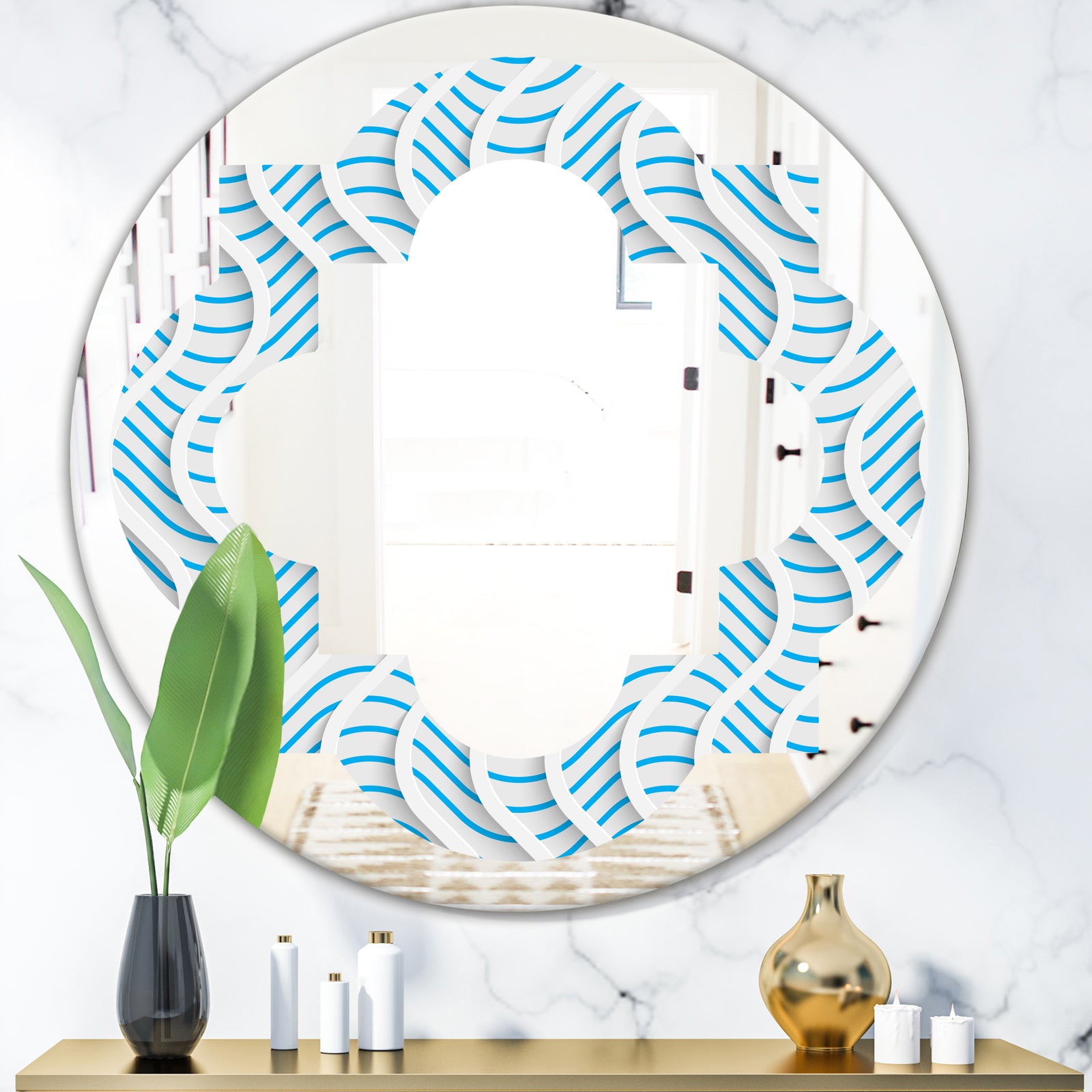 3D White and Light Blue Pattern II - Modern Round or Oval Wall Mirror - Quatrefoil