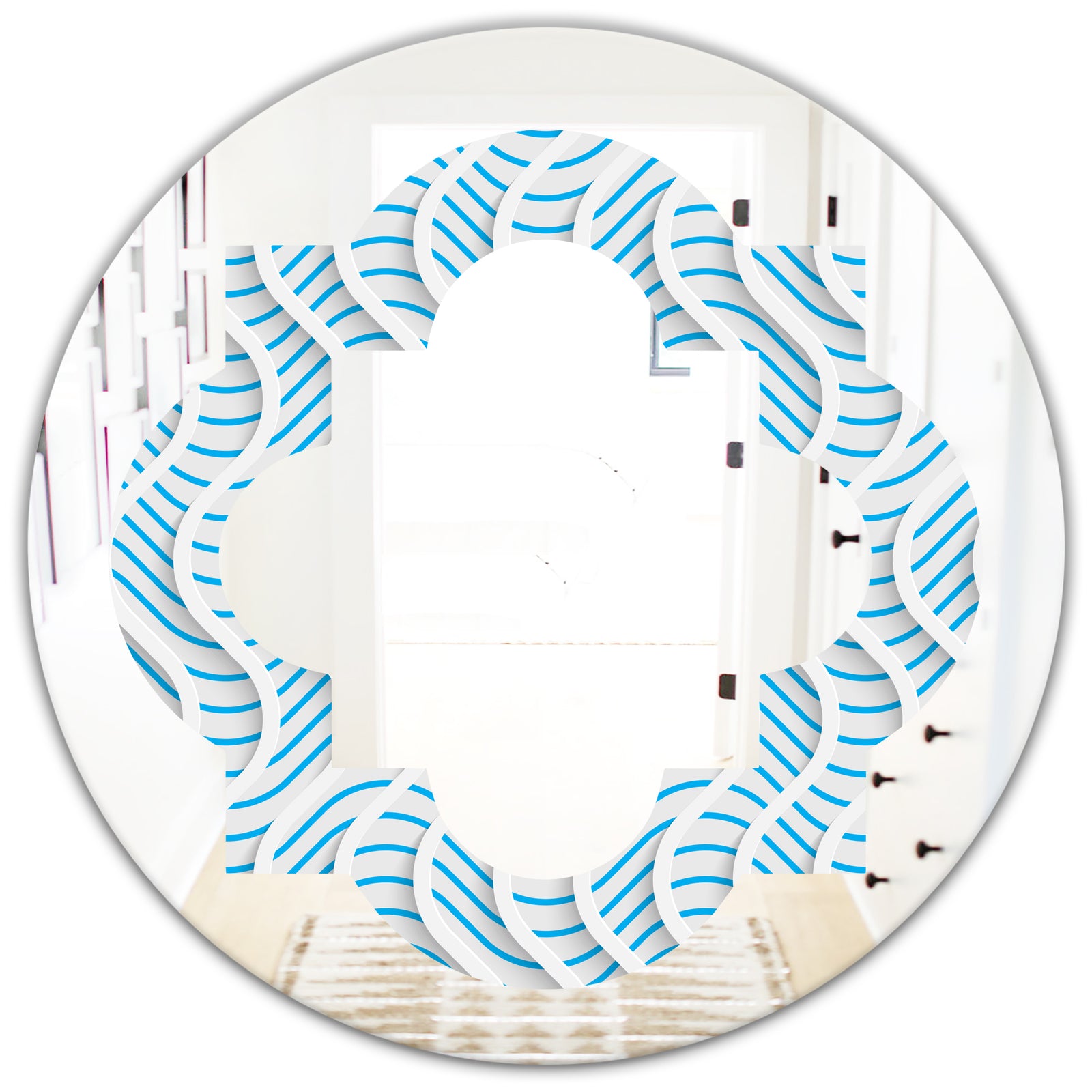 3D White and Light Blue Pattern II - Modern Round or Oval Wall Mirror - Quatrefoil