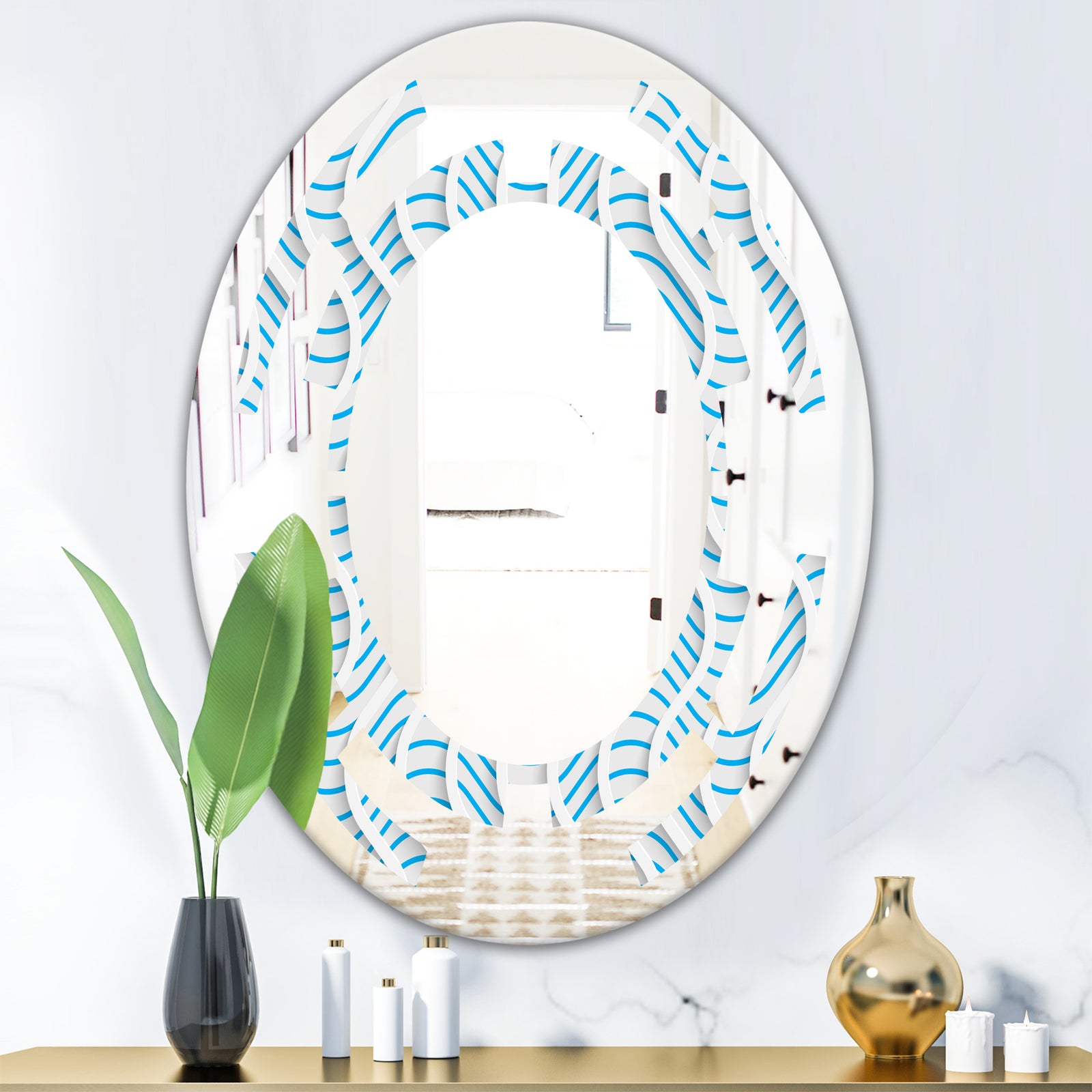 3D White and Light Blue Pattern II - Modern Round or Oval Wall Mirror - Space