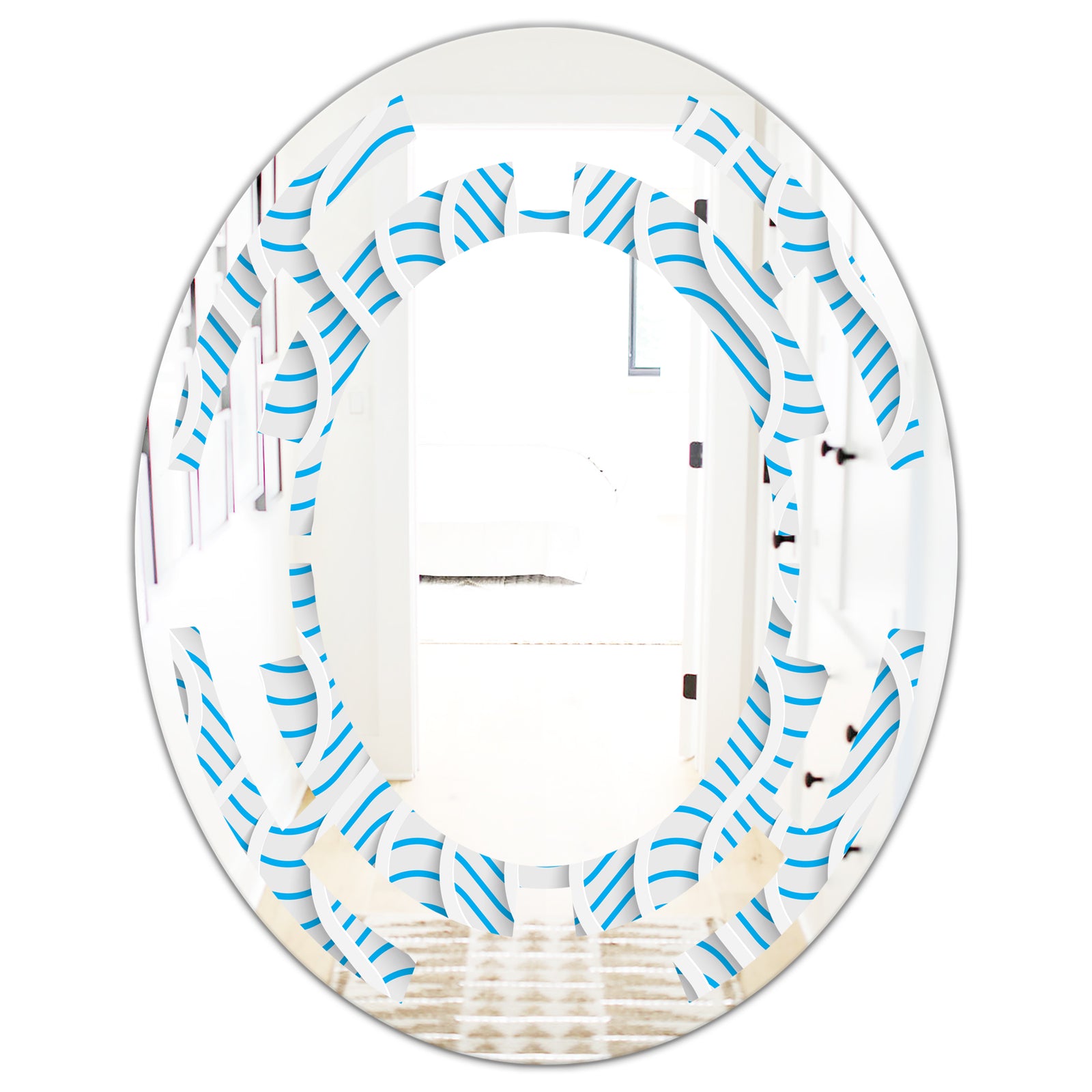 3D White and Light Blue Pattern II - Modern Round or Oval Wall Mirror - Space