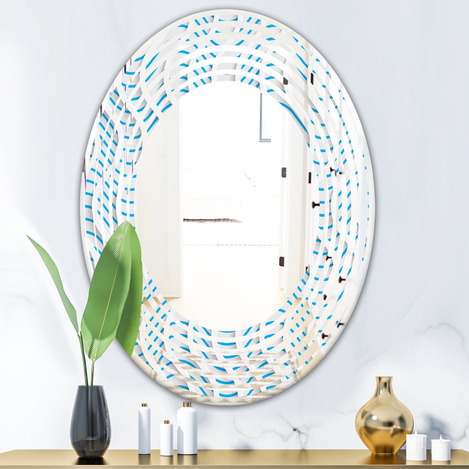 3D White and Light Blue Pattern II - Modern Round or Oval Wall Mirror - Wave