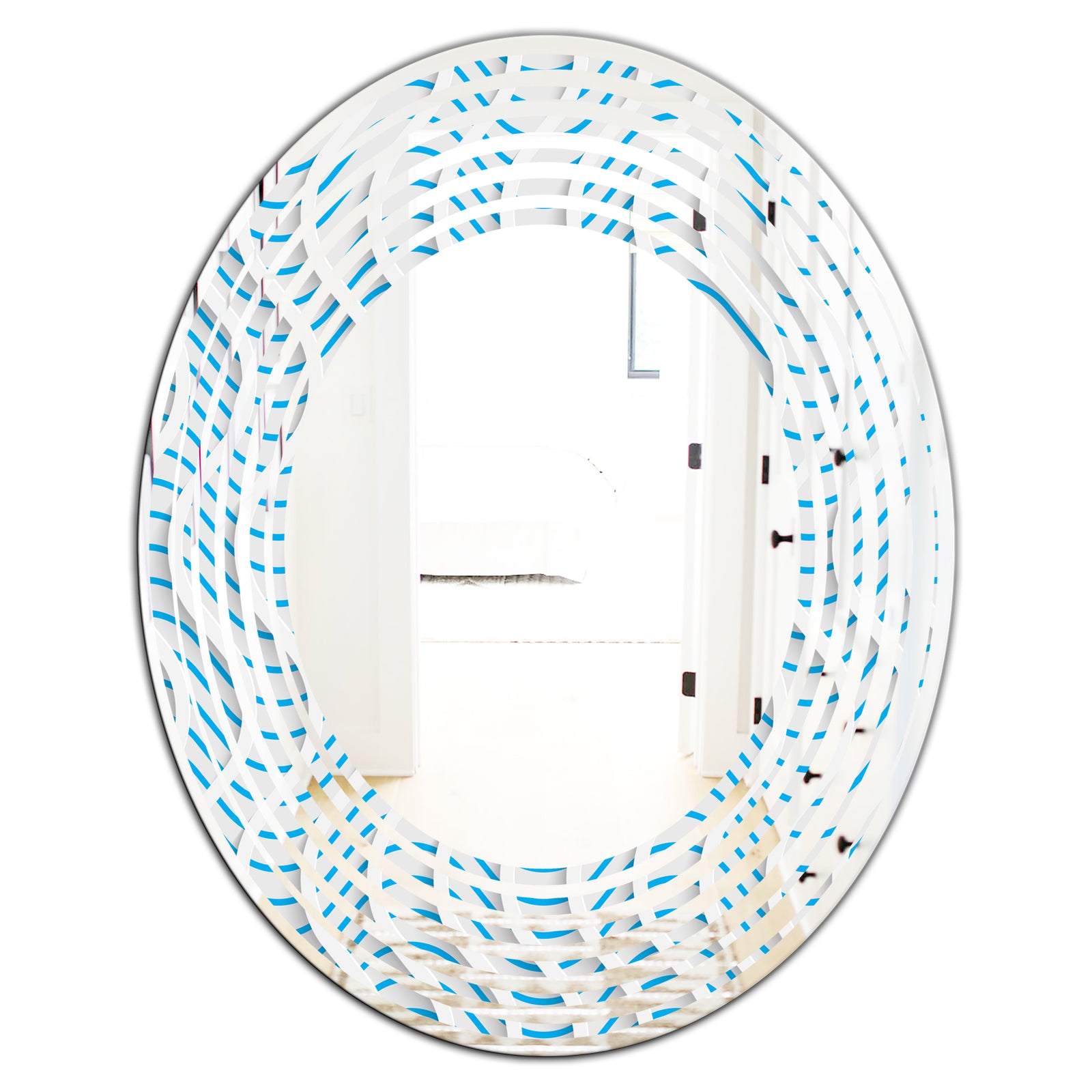3D White and Light Blue Pattern II - Modern Round or Oval Wall Mirror - Wave