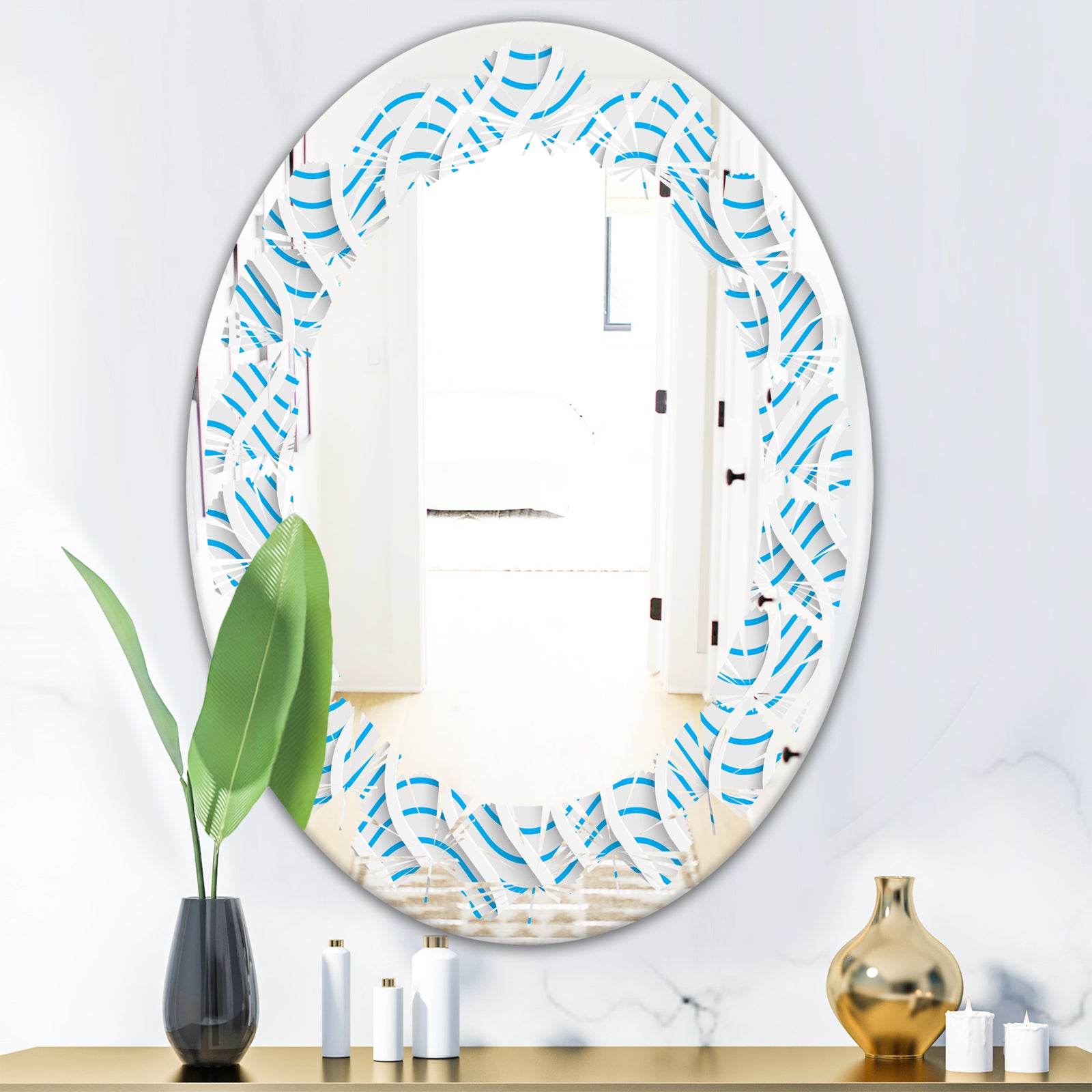3D White and Light Blue Pattern II - Modern Round or Oval Wall Mirror - Leaves