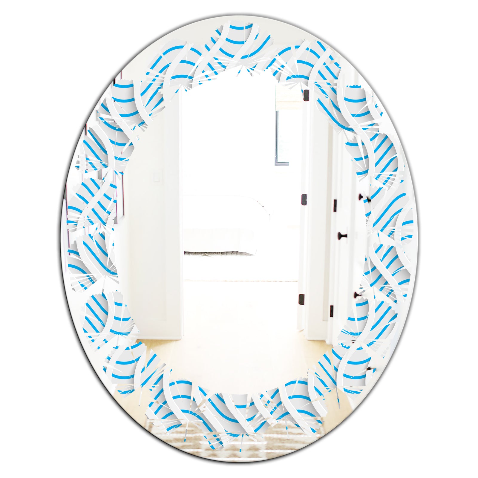 3D White and Light Blue Pattern II - Modern Round or Oval Wall Mirror - Leaves