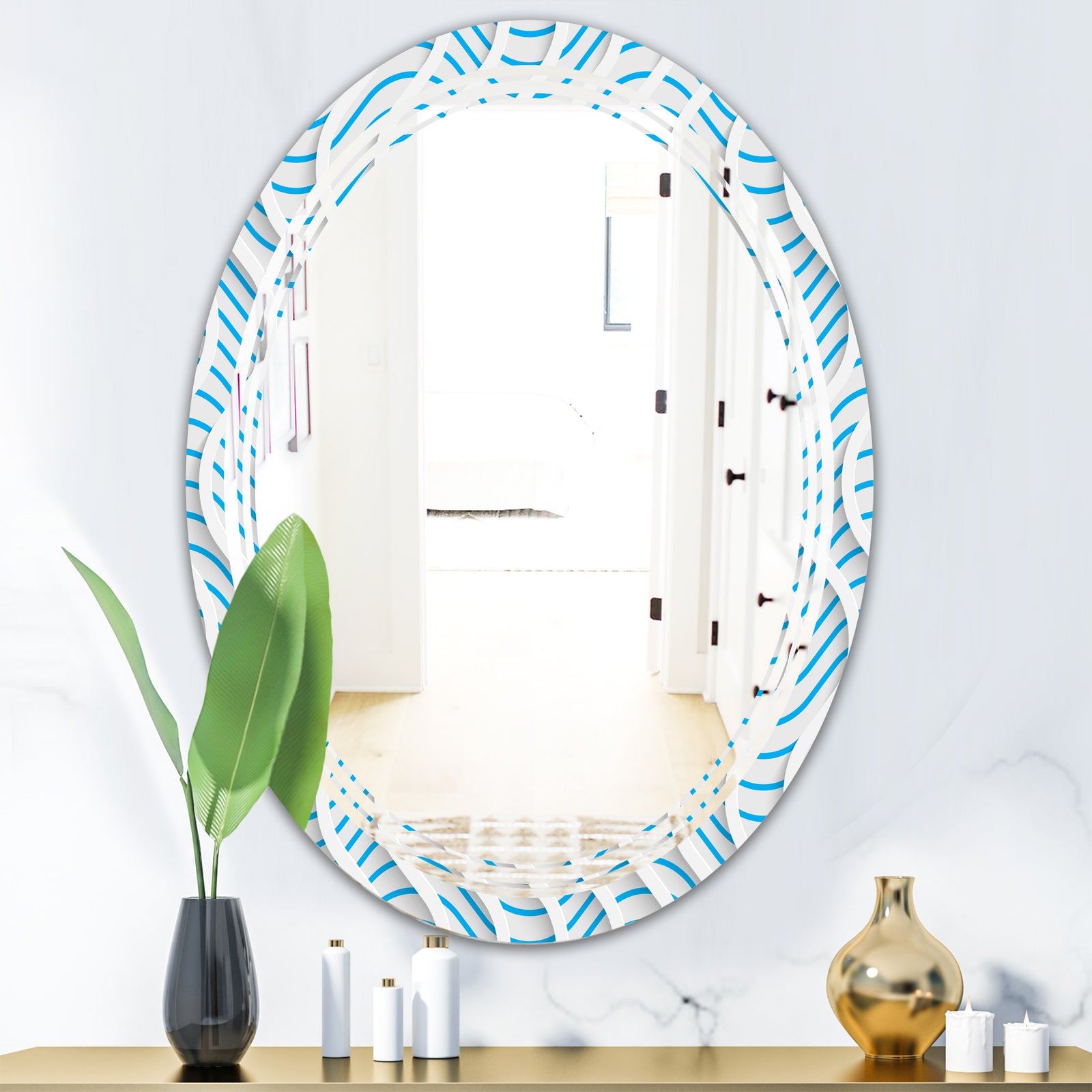 3D White and Light Blue Pattern II - Modern Round or Oval Wall Mirror - Triple C