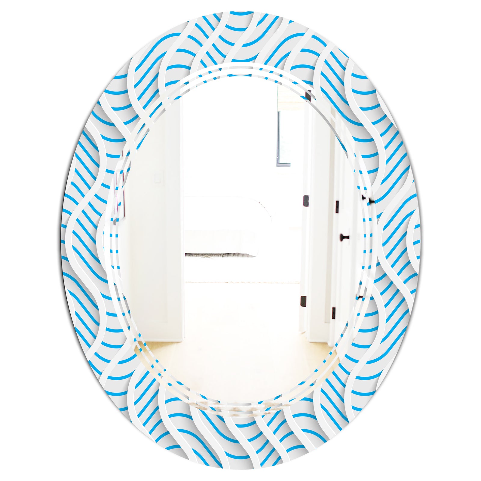 3D White and Light Blue Pattern II - Modern Round or Oval Wall Mirror - Triple C