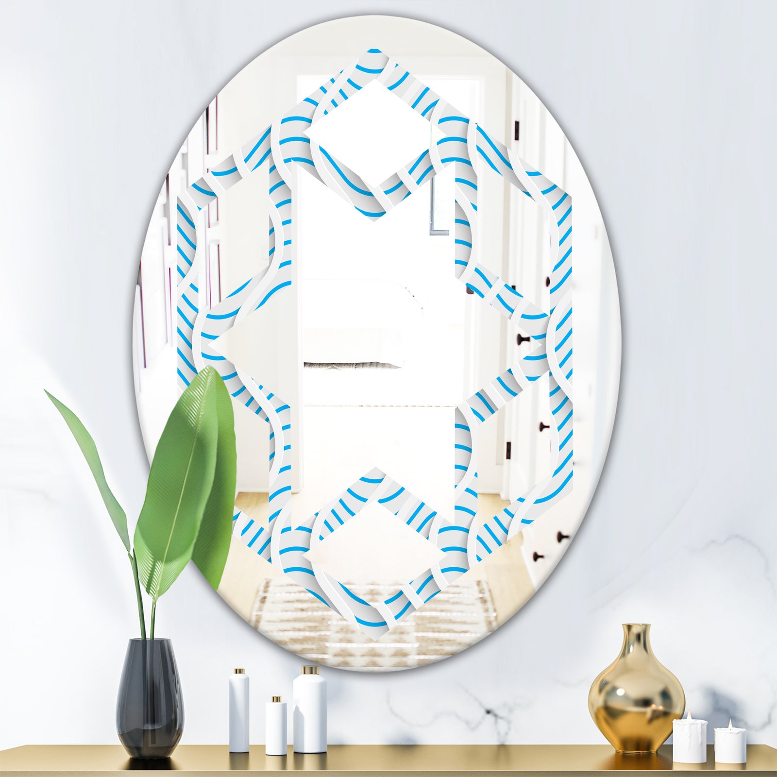 3D White and Light Blue Pattern II - Modern Round or Oval Wall Mirror - Hexagon Star